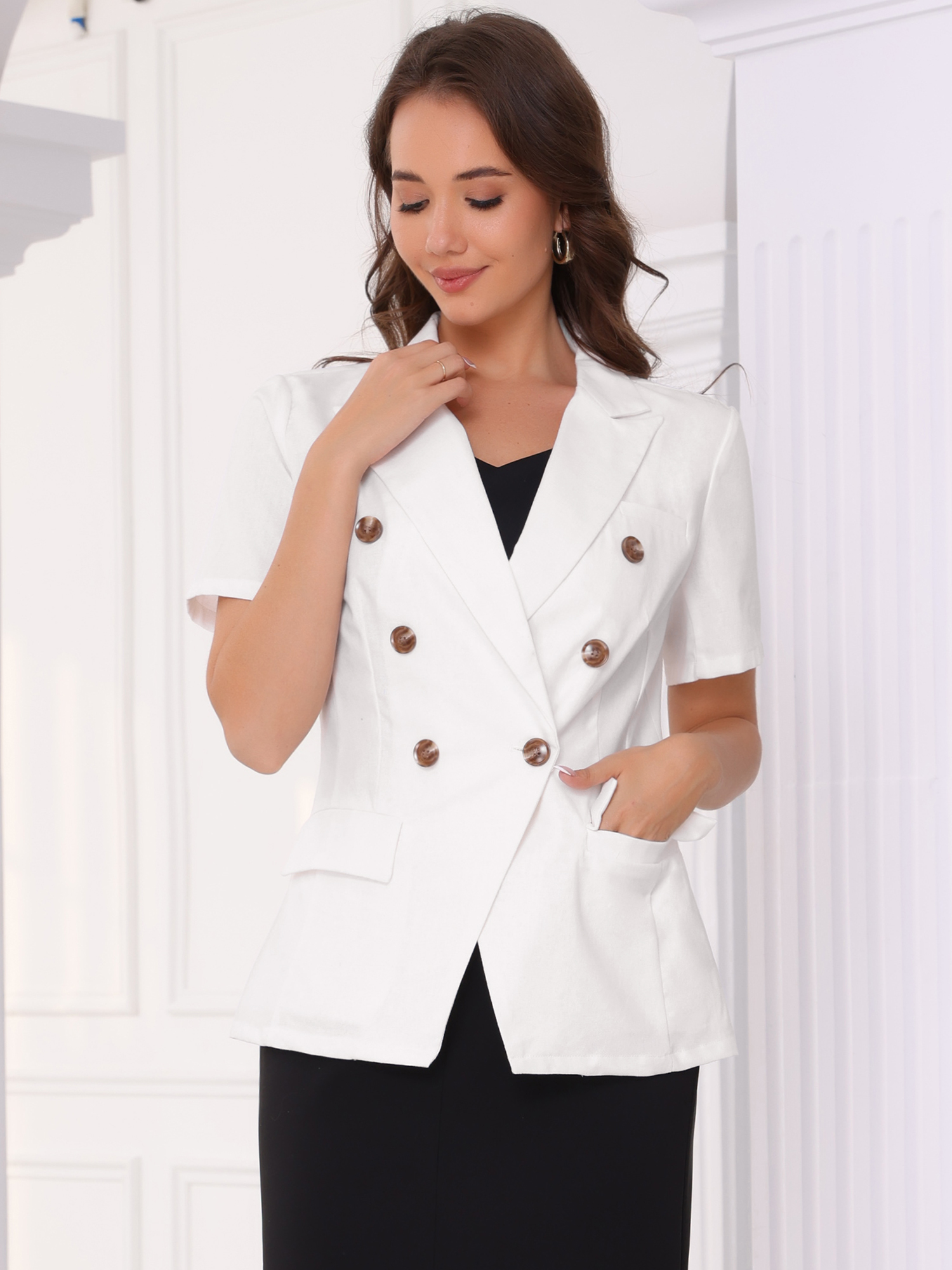 Short Sleeve Double Breasted Work Office Blazer White/XL