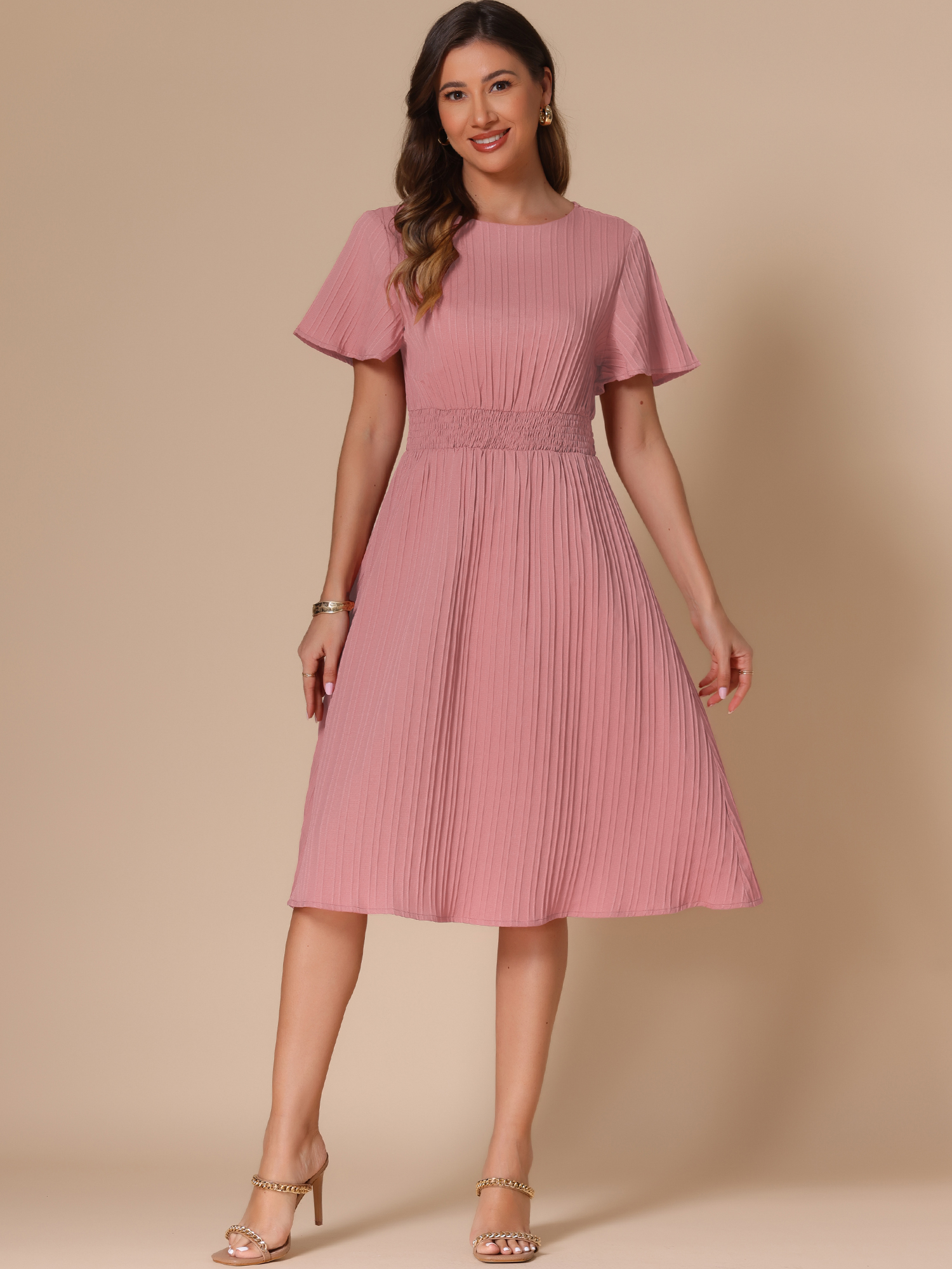 Textured Short Sleeve Smocked Wasit A-Line Midi Dress Pink/XL