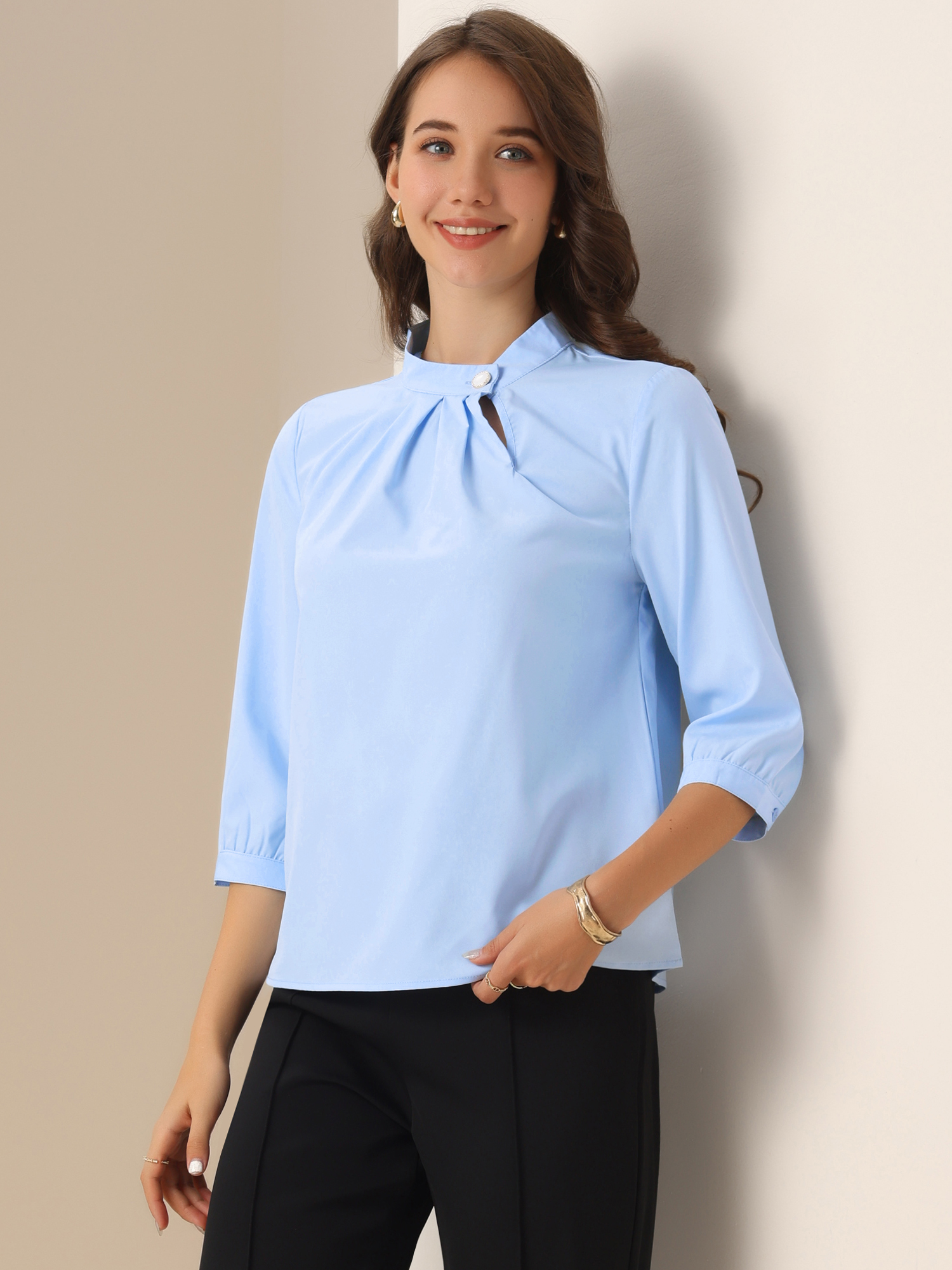 Mock Neck Ruched Front 3/4 Sleeves Blouses Blue/S