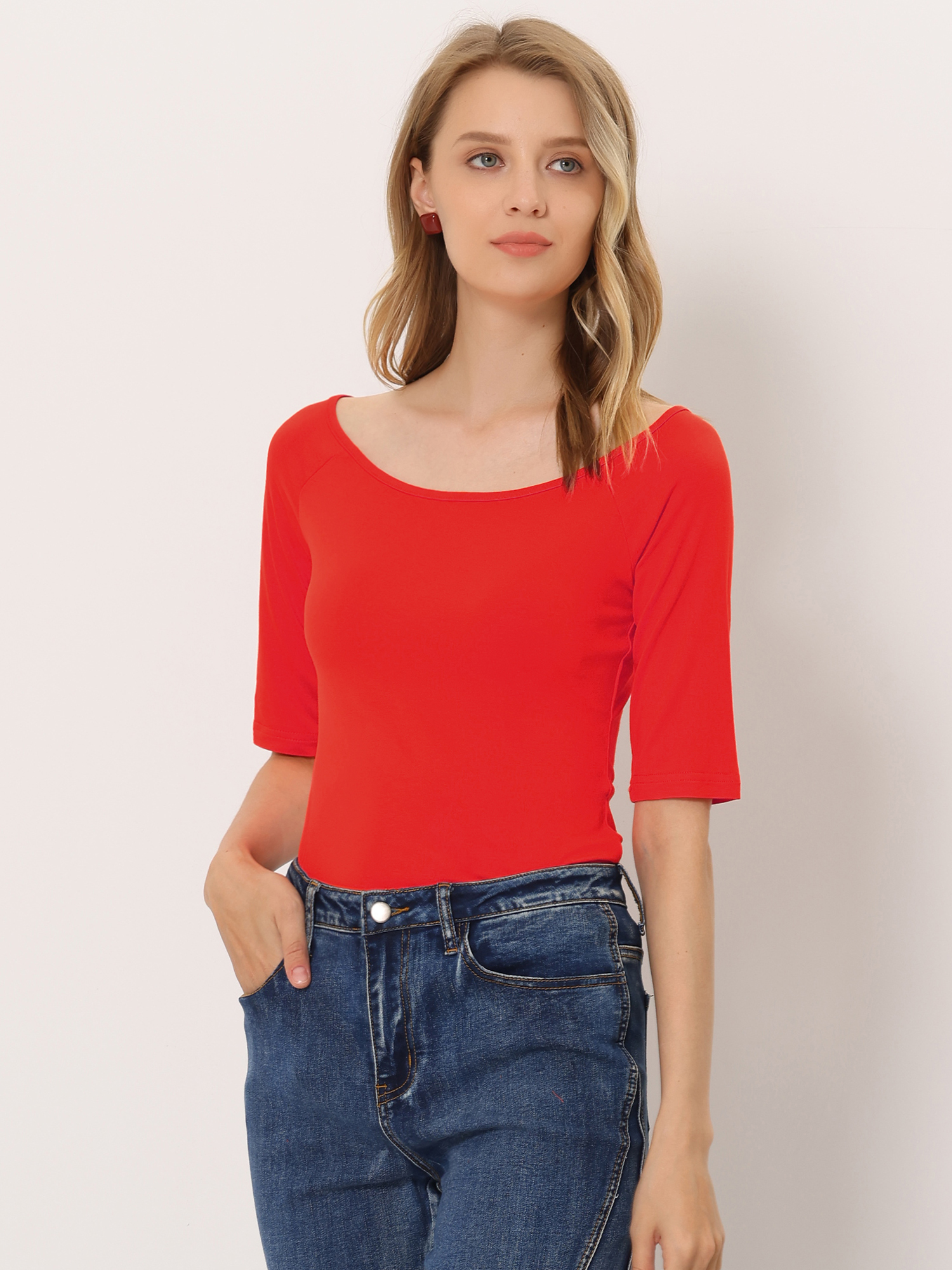 Half Sleeves Scoop Neck Fitted Layering Soft T-Shirt Deep Red/3XL