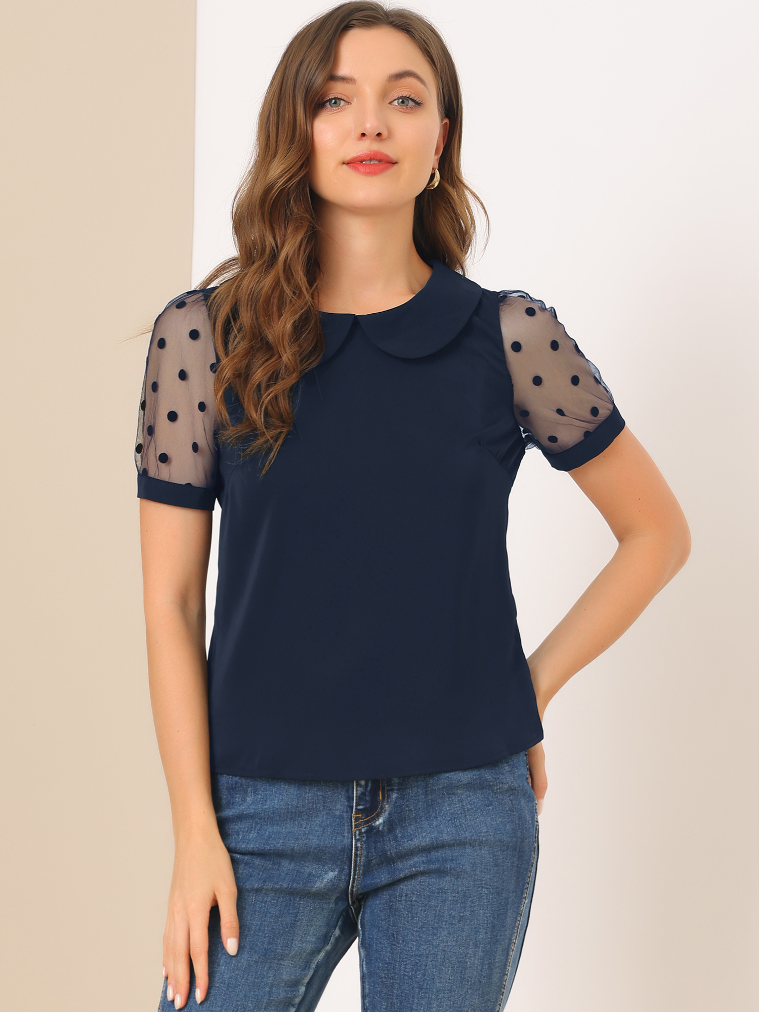 Peter Pan Collar Puff Mesh Short Sleeve Polka Dot Blouse Navy Blue/2XL