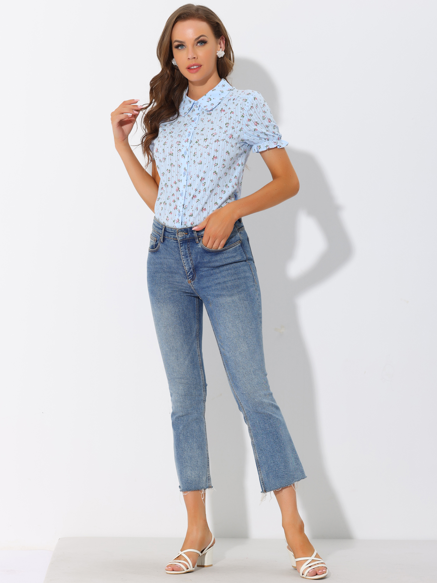 Floral Printed Peter Pan Collar Cotton Short Sleeve Shirt Light Blue Floral/3XL