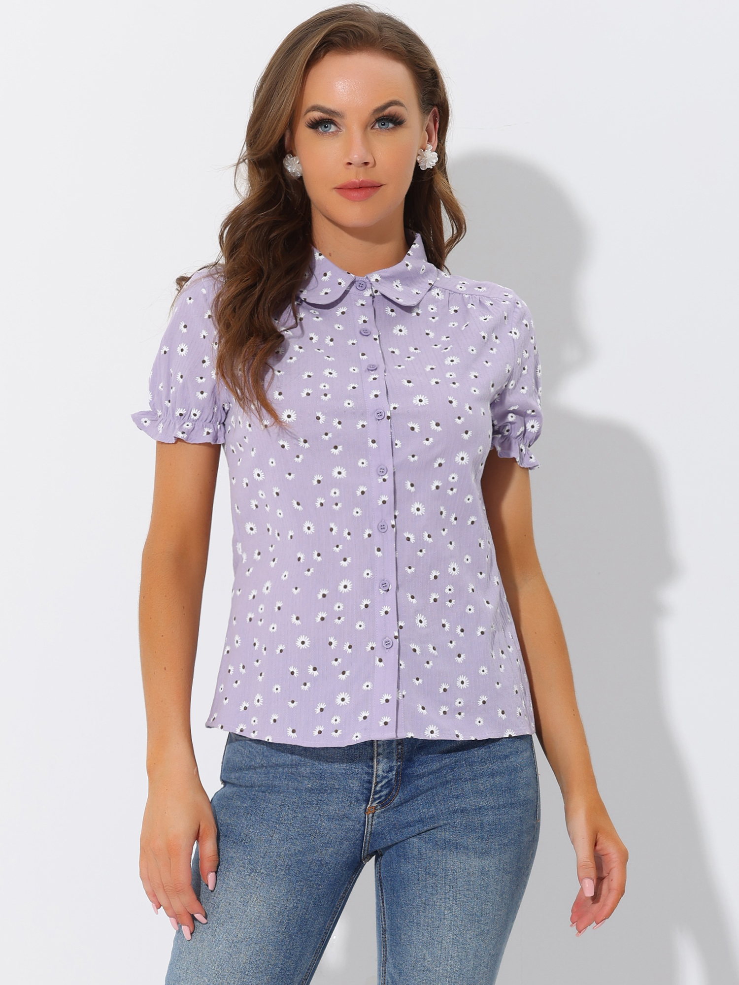 Floral Printed Peter Pan Collar Cotton Short Sleeve Shirt Purple/3XL