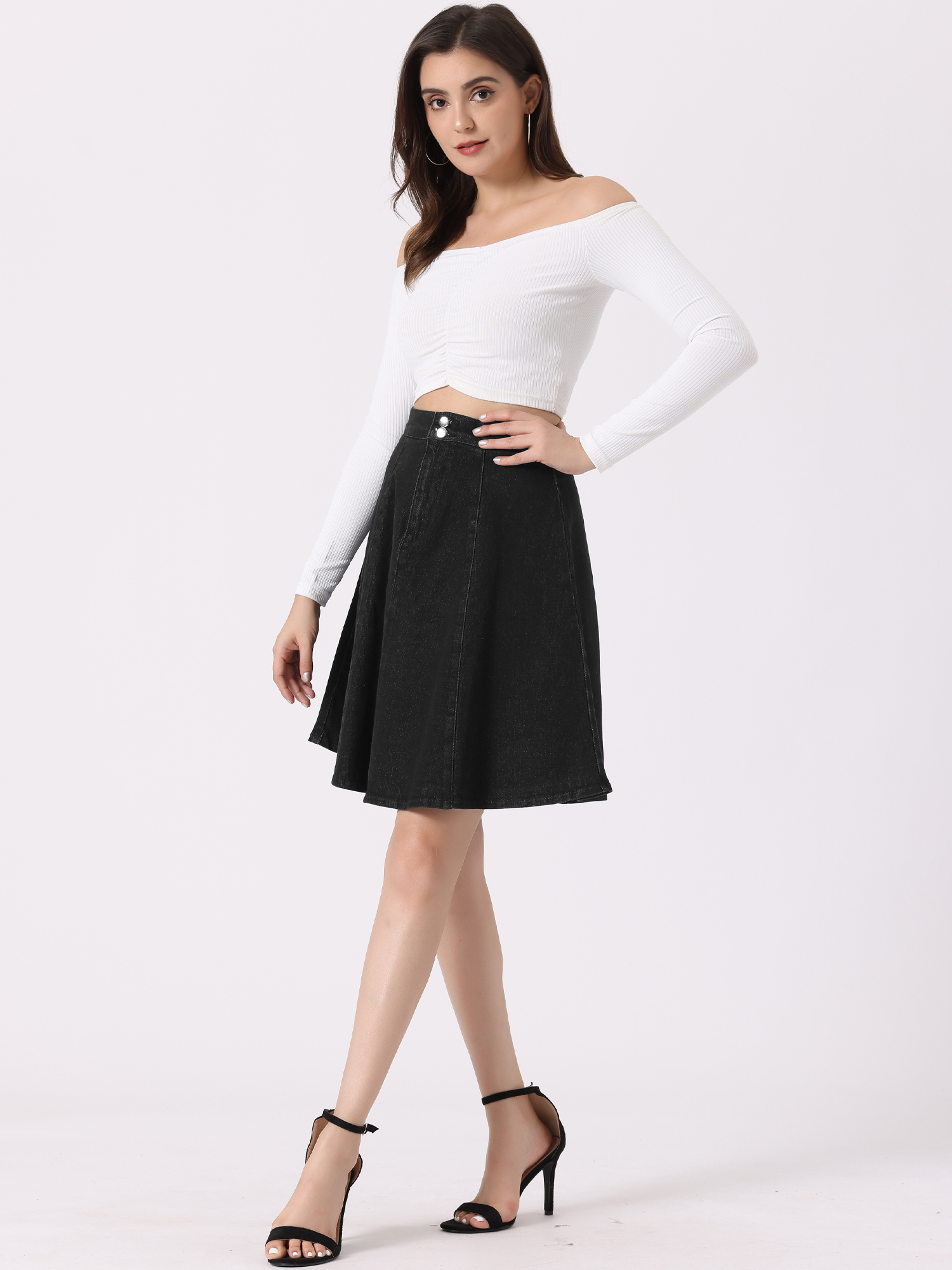 High Waisted A-Line Flared Casual Denim Midi Jean Skirt Black/2XL