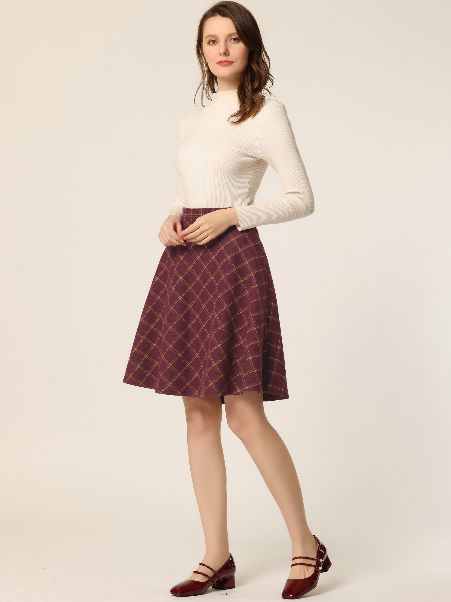 Plaid Tartan Vintage Elastic Waist Knee Length A-Line Skirt Burgundy/3XL