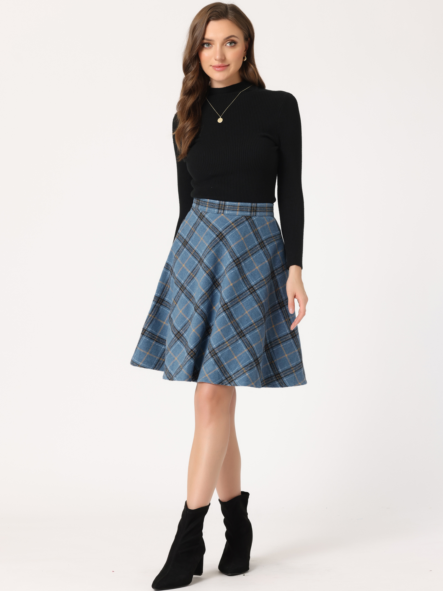 Plaid Tartan Vintage Elastic Waist Knee Length A-Line Skirt Grey Blue/3XL