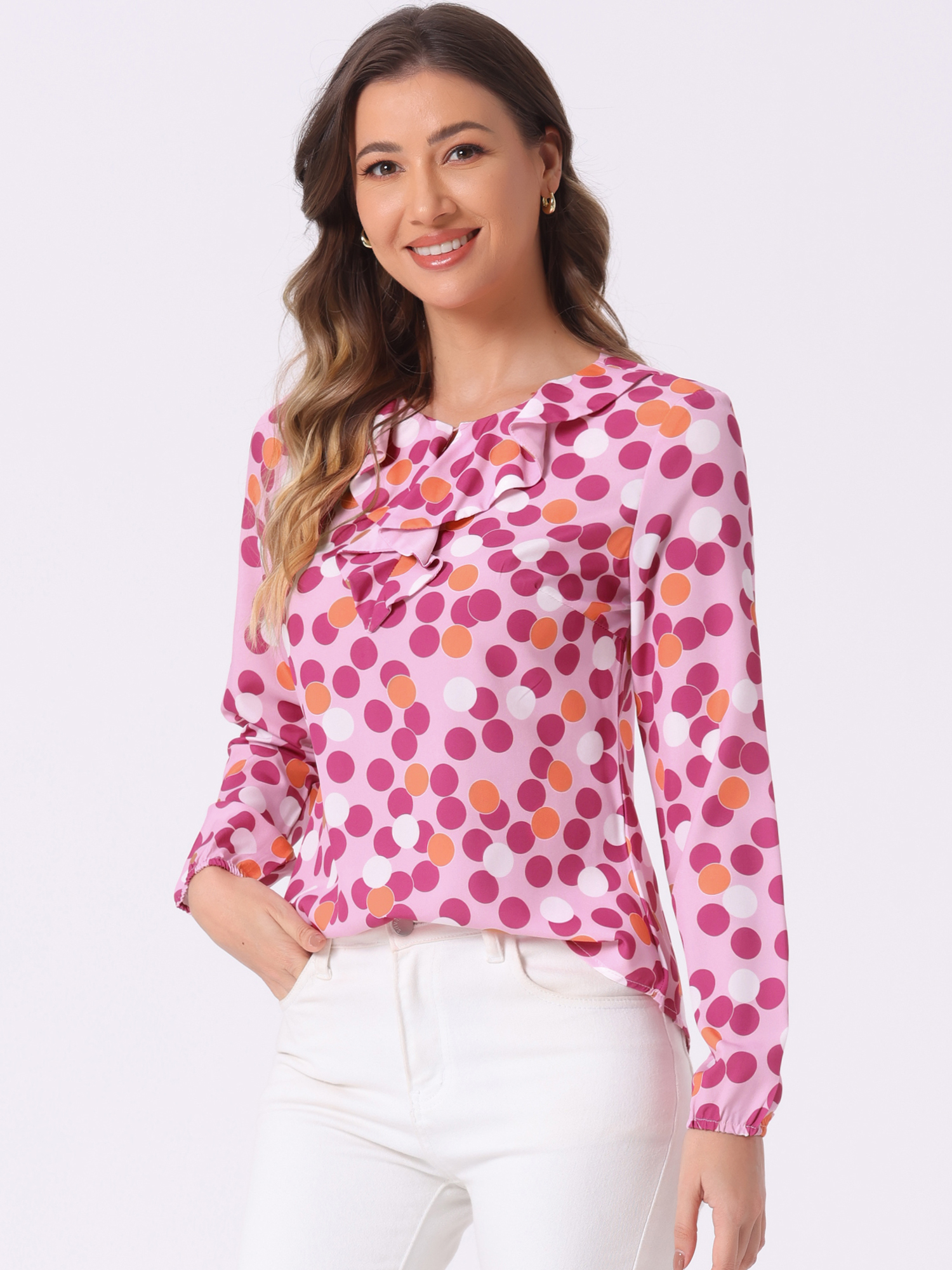 Ruffle Neck Chiffon Top Long Sleeve Vintage Work Office Blouse Light Pink-Dots/L