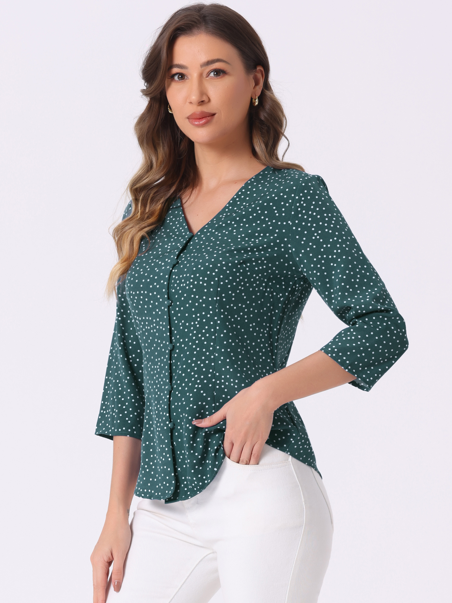 Polka Dots 3/4 Sleeve Button Front Vintage Office Blouse Top Teal Green/L