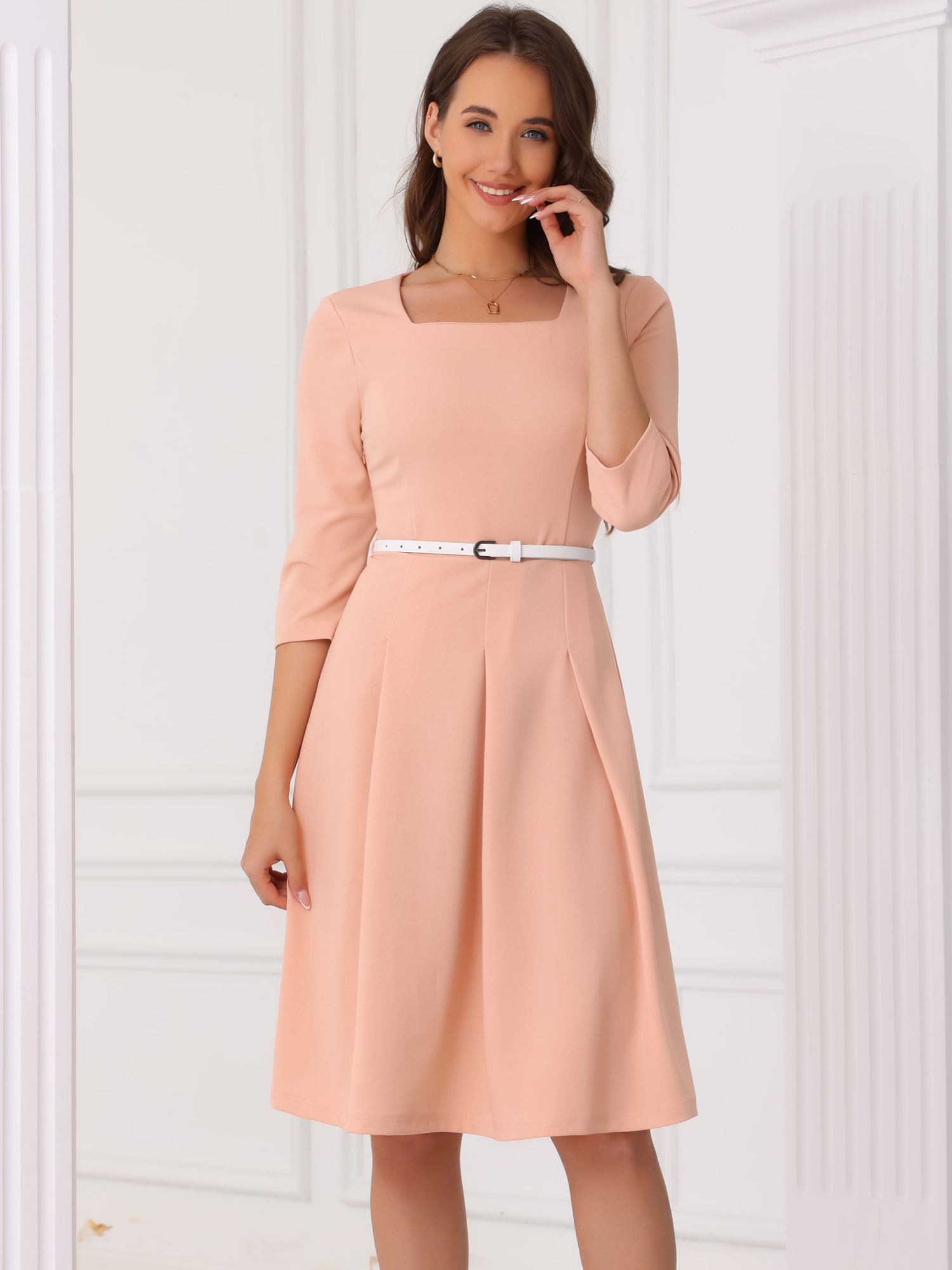 Square Neck 3/4 Sleeve Belted Pleated A-Line Midi Dress Pink/M