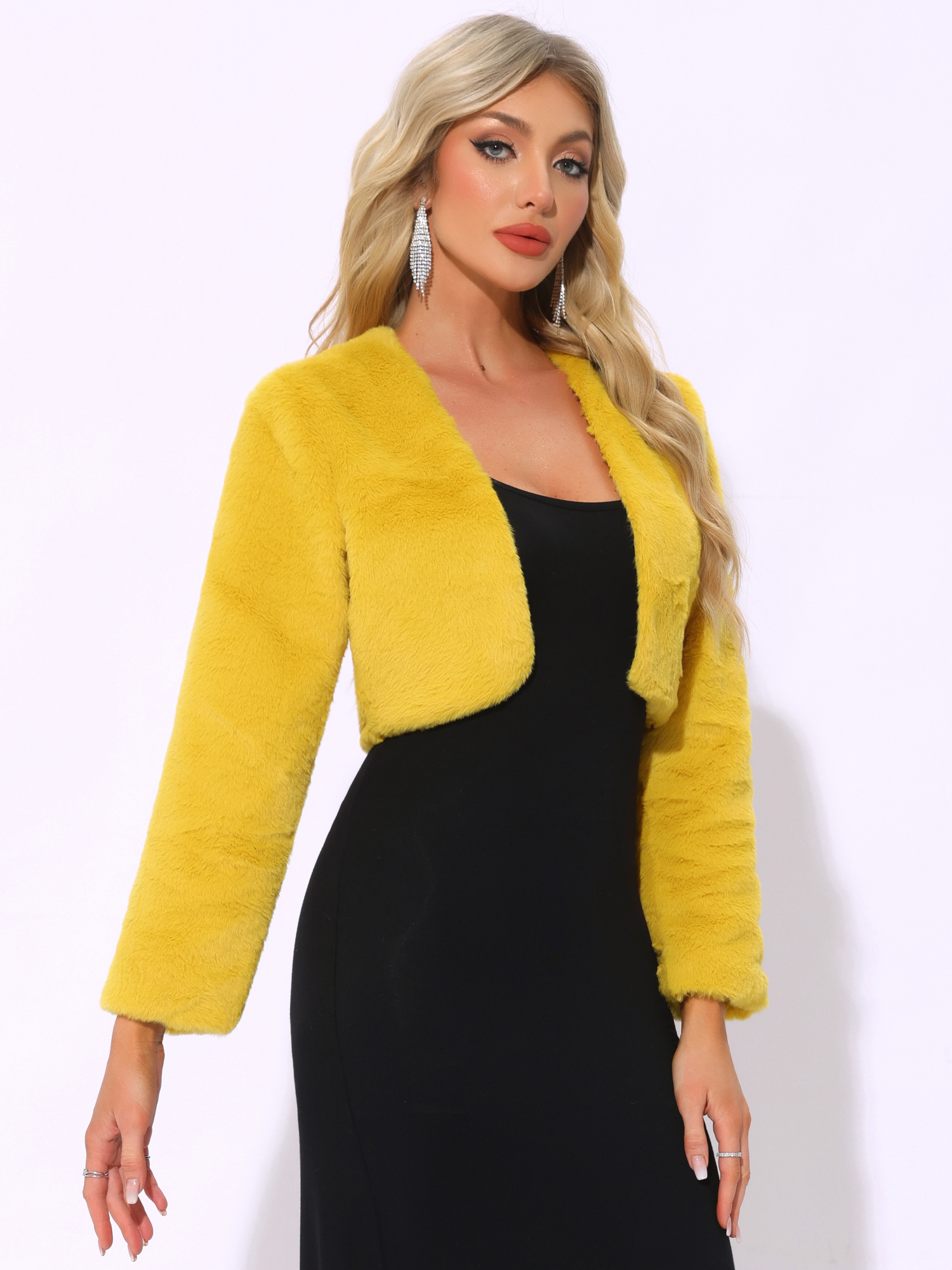 Evening Open Front Bolero Faux Fur Shrug Cropped Jacket Ginger Yellow/XL