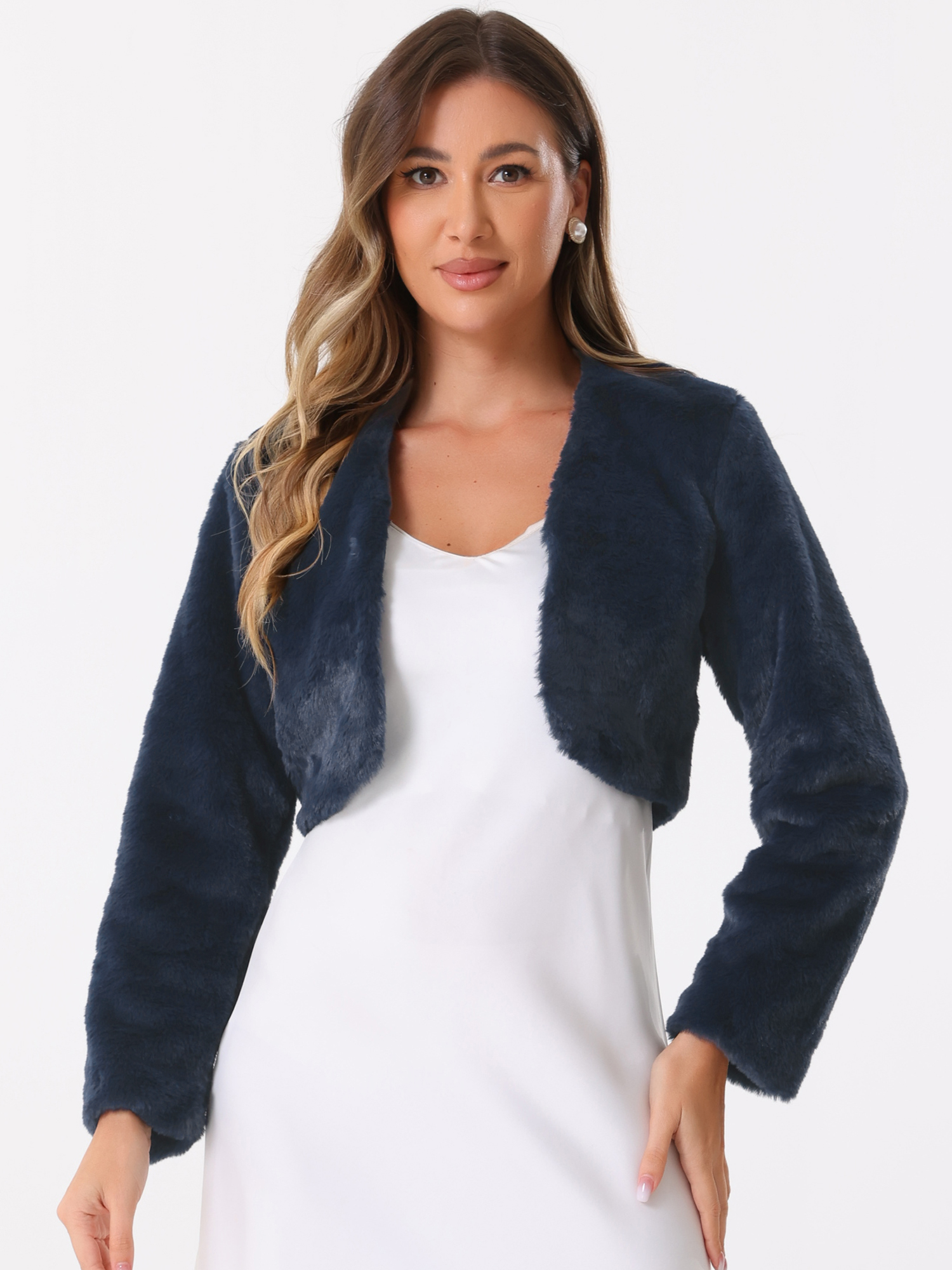 Evening Open Front Bolero Faux Fur Shrug Cropped Jacket Navy Blue/XS