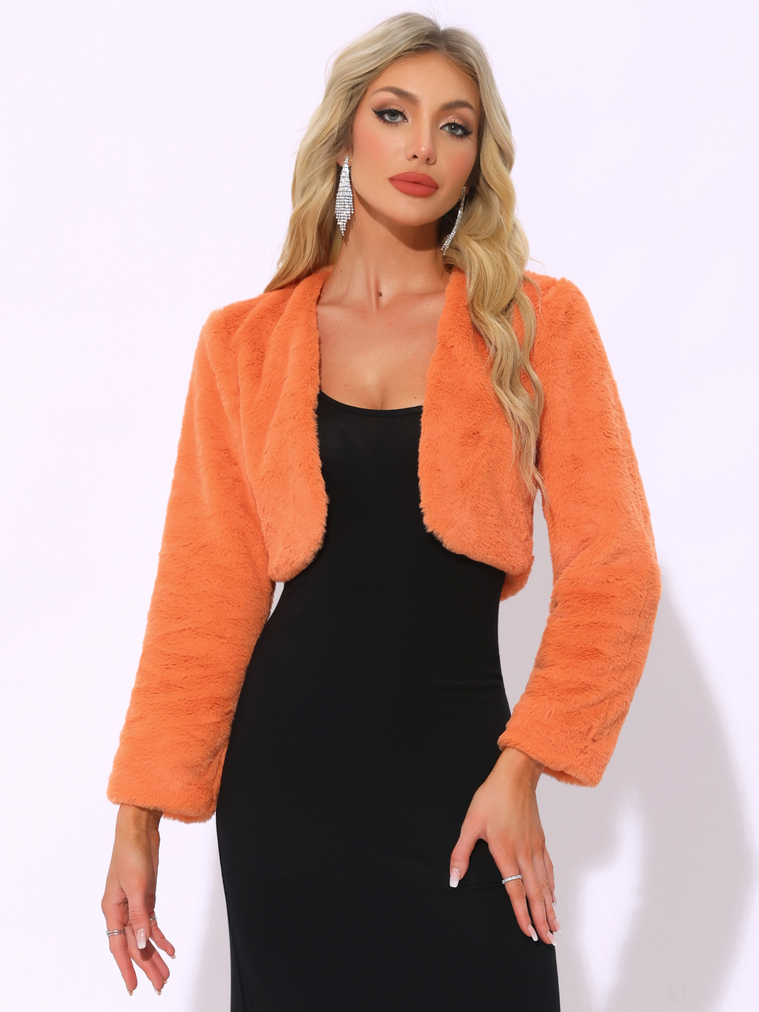 Evening Open Front Bolero Faux Fur Shrug Cropped Jacket Orange/M