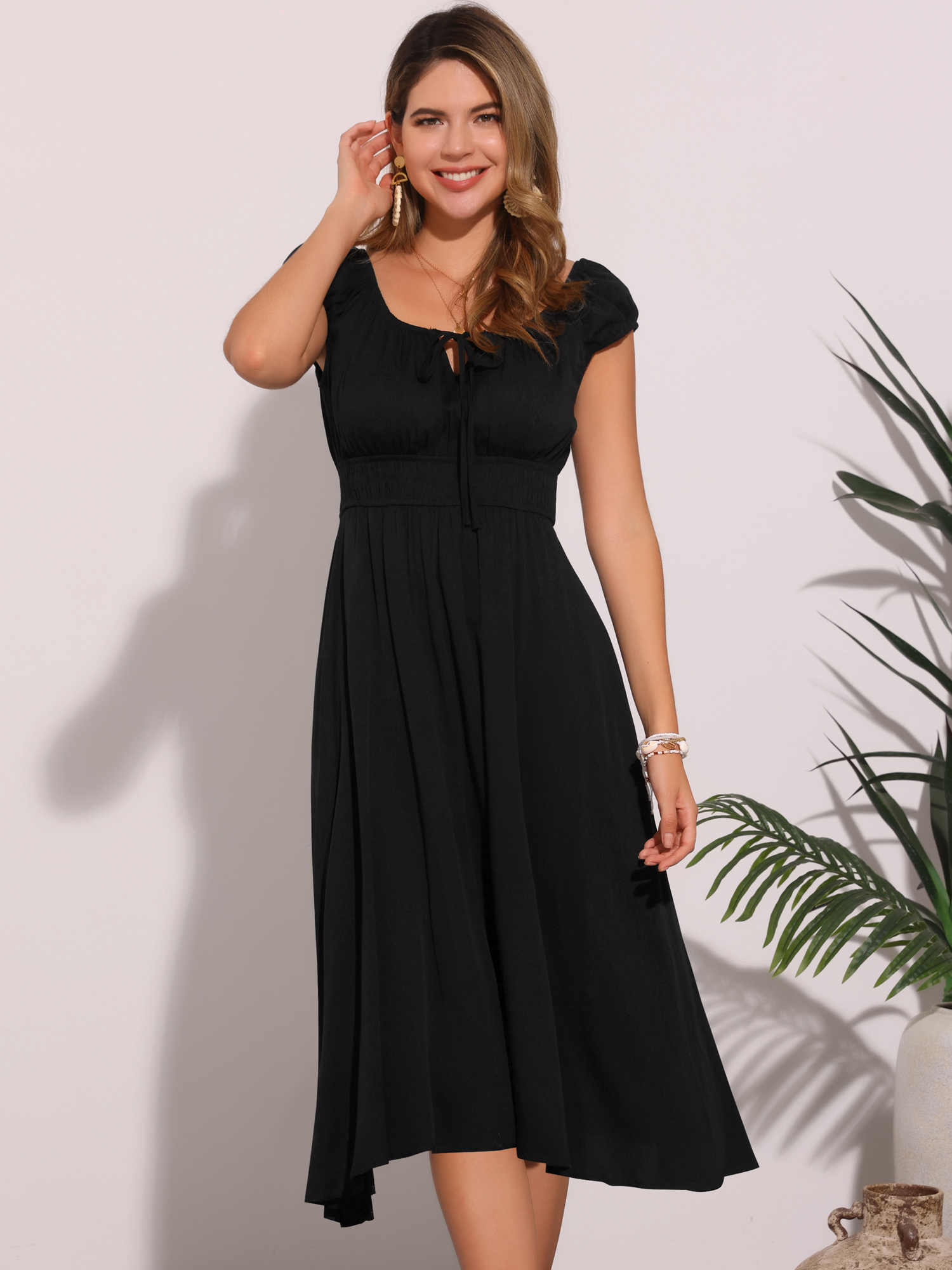 Short Sleeve Lace-Up Smocked Flowy Casual Midi Dress Black/XS