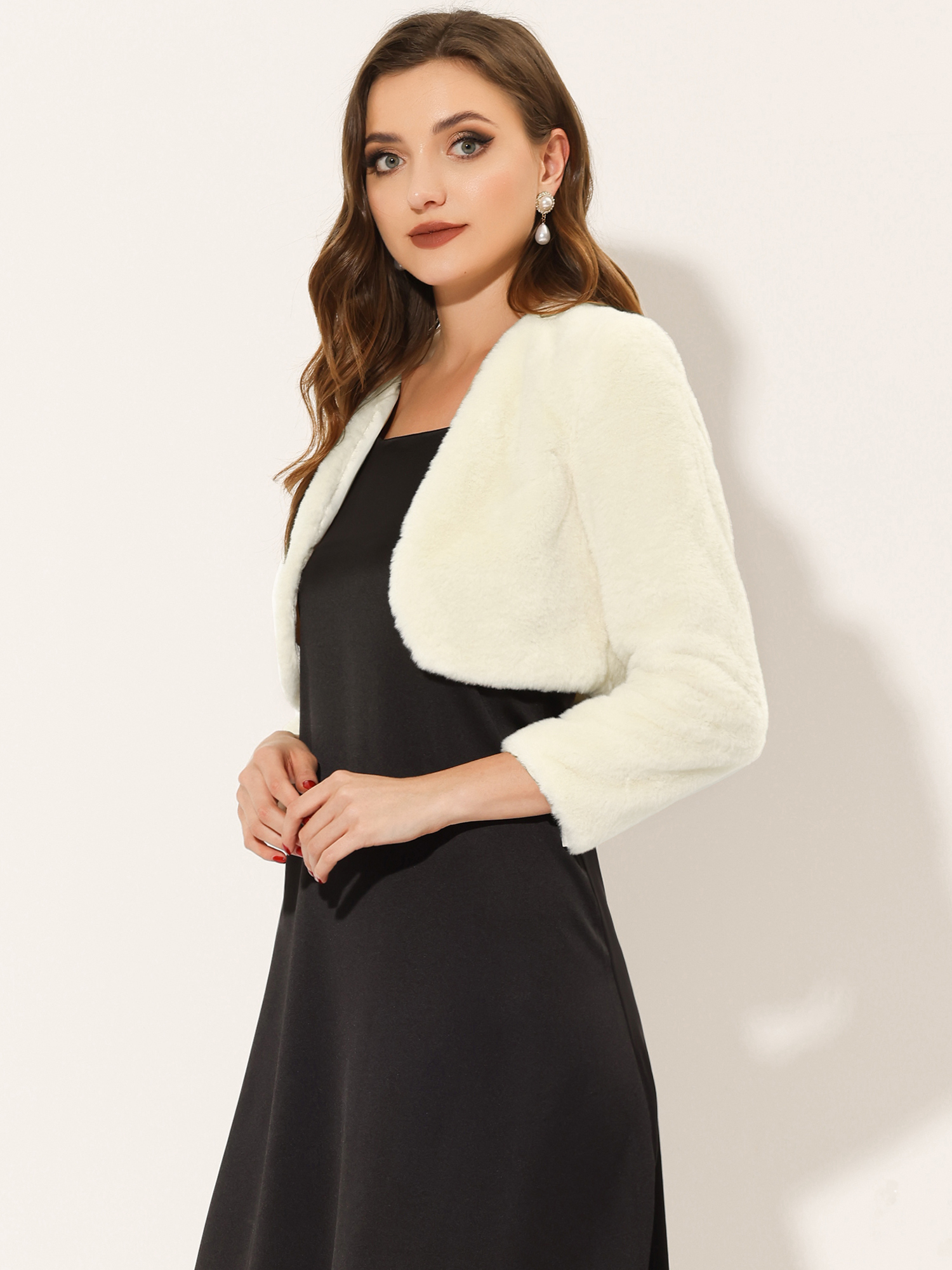 Evening Open Front Bolero Faux Fur Shrug Cropped Jacket Beige/2XL