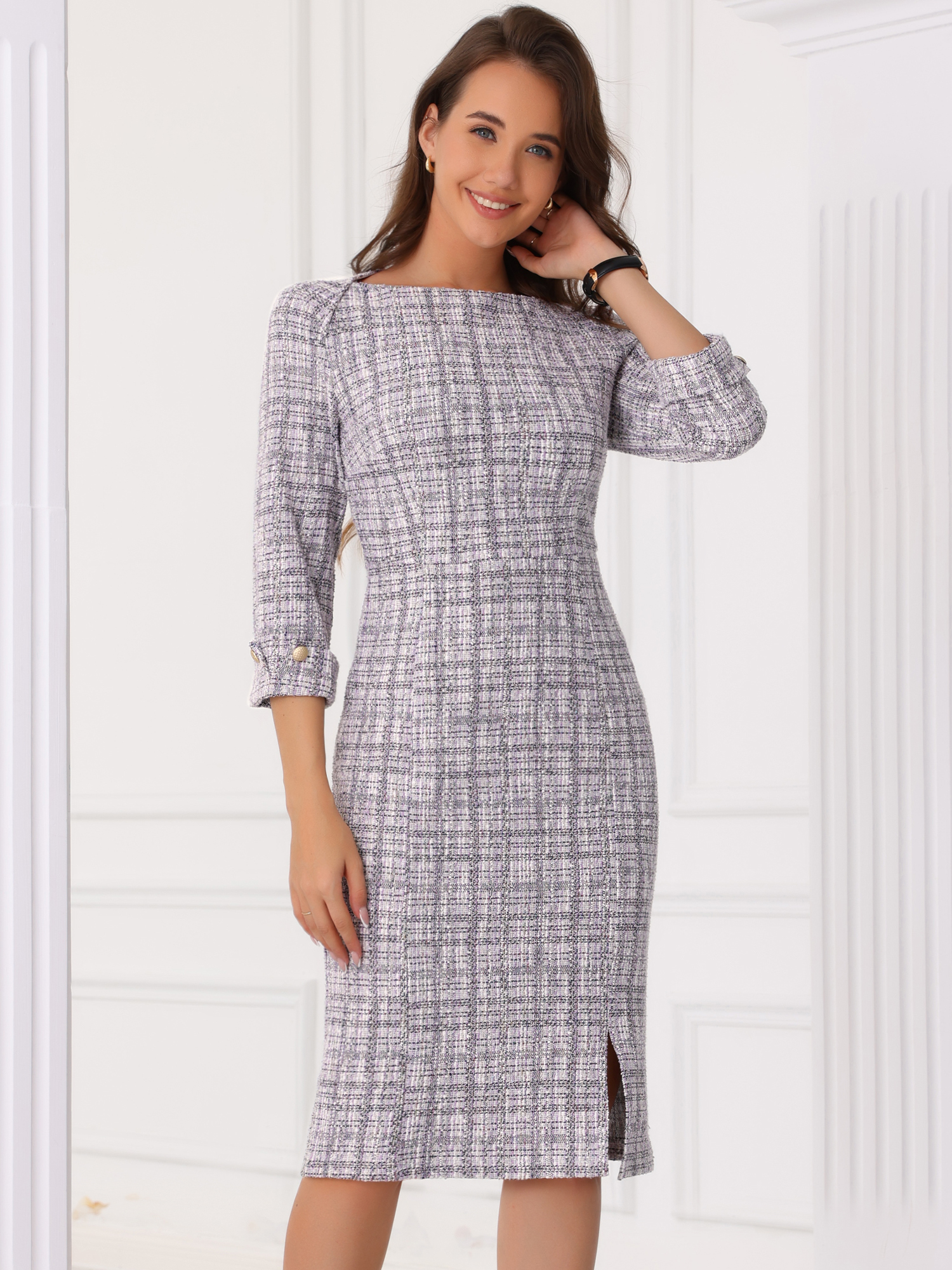 Tweed Boat Neck 3/4 Sleeve Plaid Midi Sheath Dress White Purple/S