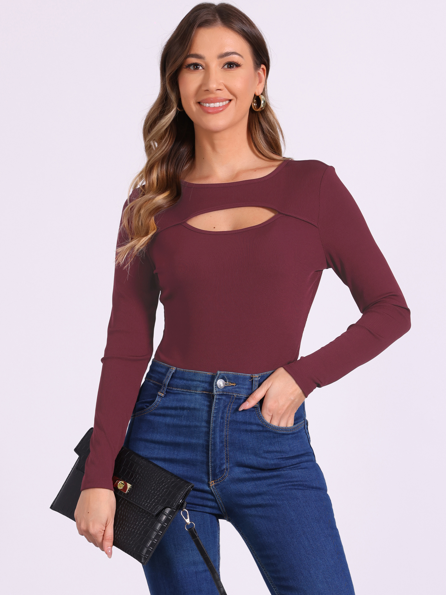 Cut-Out Front Long Sleeve Crew Neck Bodysuit Burgundy/S