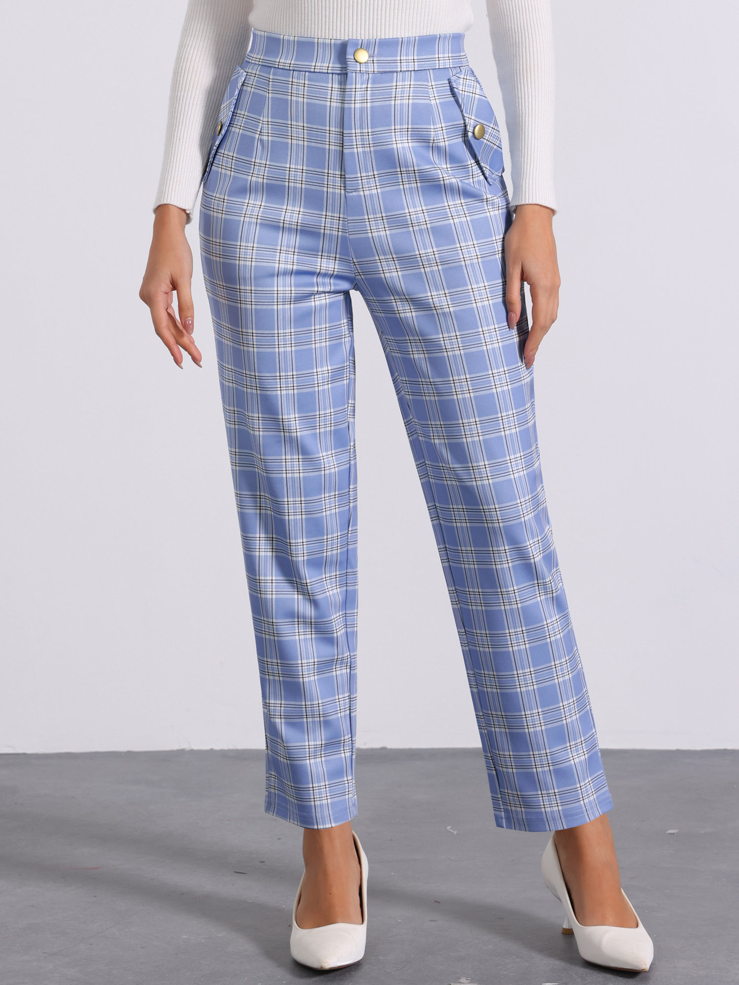Vintage Tartan Plaid Pants Elastic Waist Straight Long Trousers Light Blue/XS