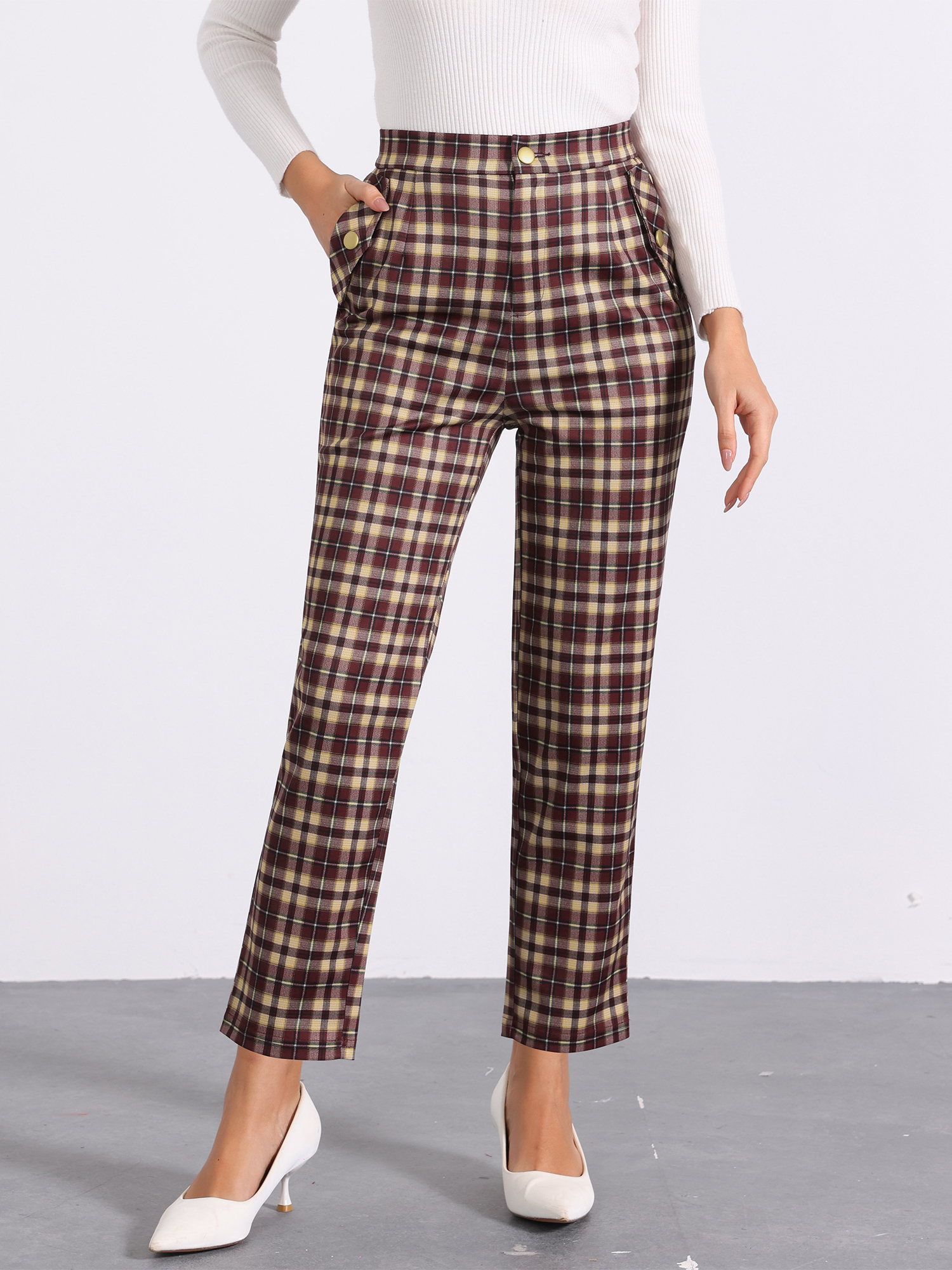 Vintage Tartan Plaid Pants Elastic Waist Straight Long Trousers Wine Red Yellow/M