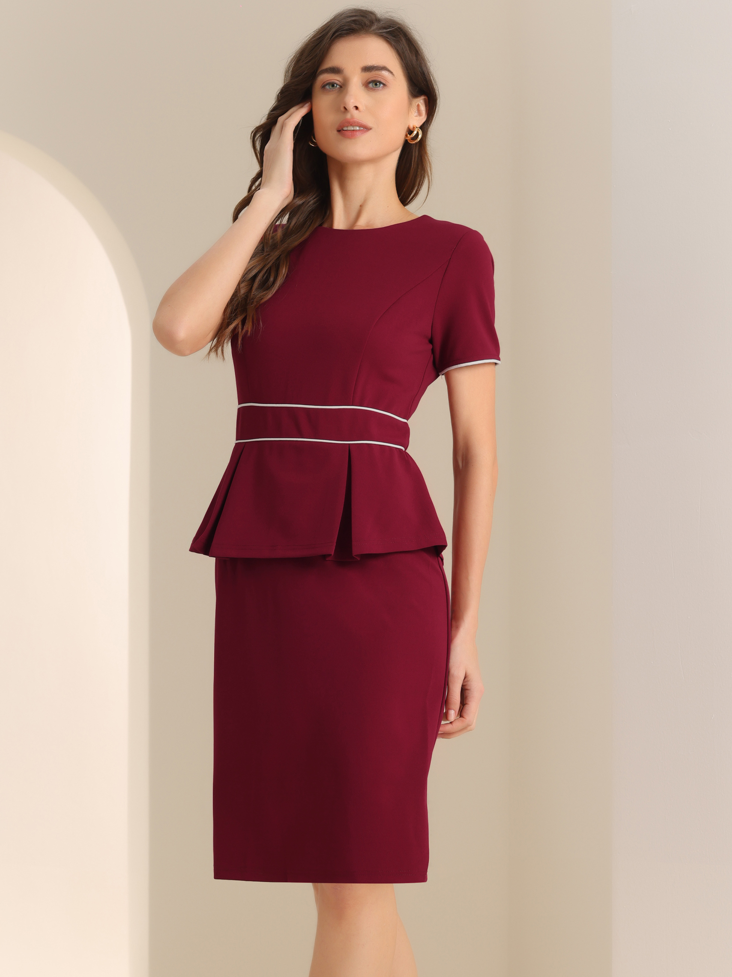 Peplum Pencil Crew Neck Short Sleeve Bodycon Elegant Sheath Dress Burgundy/XL