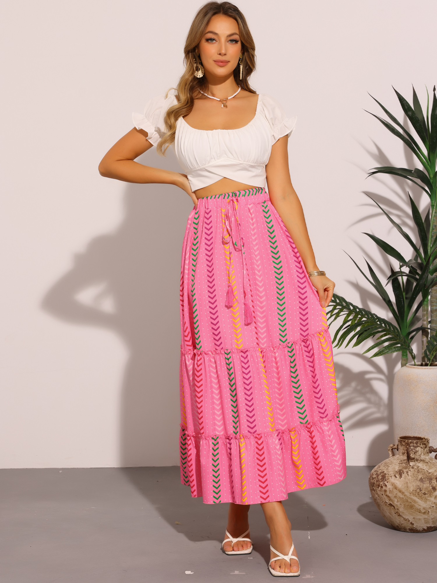Graphic Pattern Flowy Tiered Maxi Skirts Pink/XS