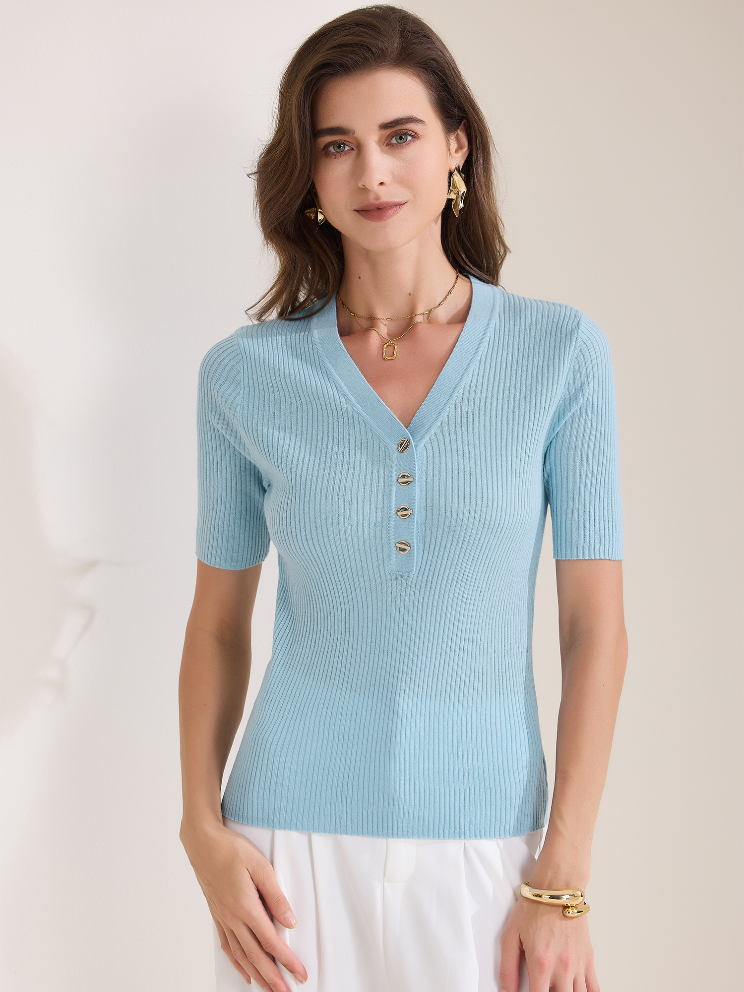 Ribbed Knit V Neck Button Henley Short Sleeve Blouse Blue/M
