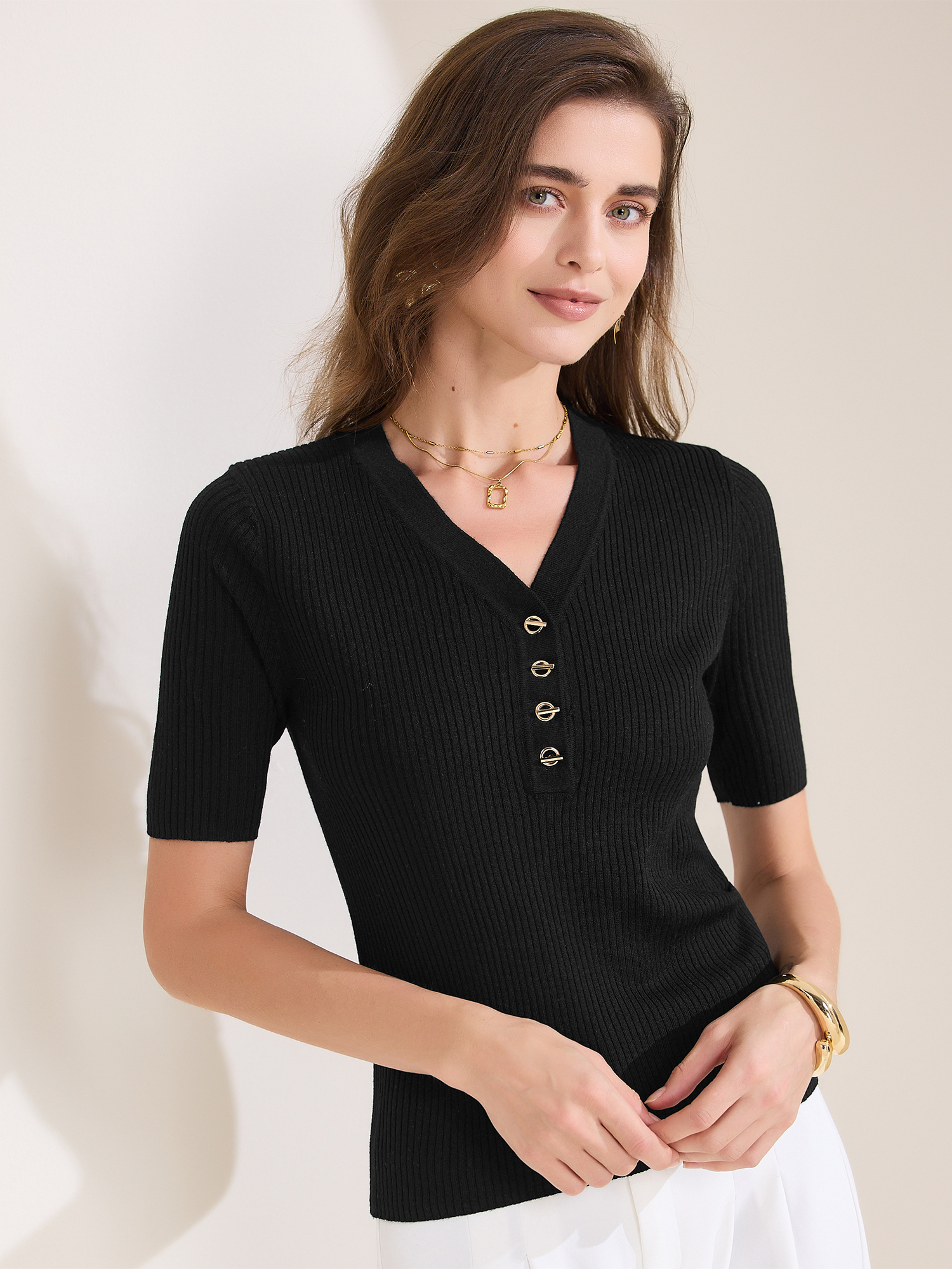 Ribbed Knit V Neck Button Henley Short Sleeve Blouse Black/S