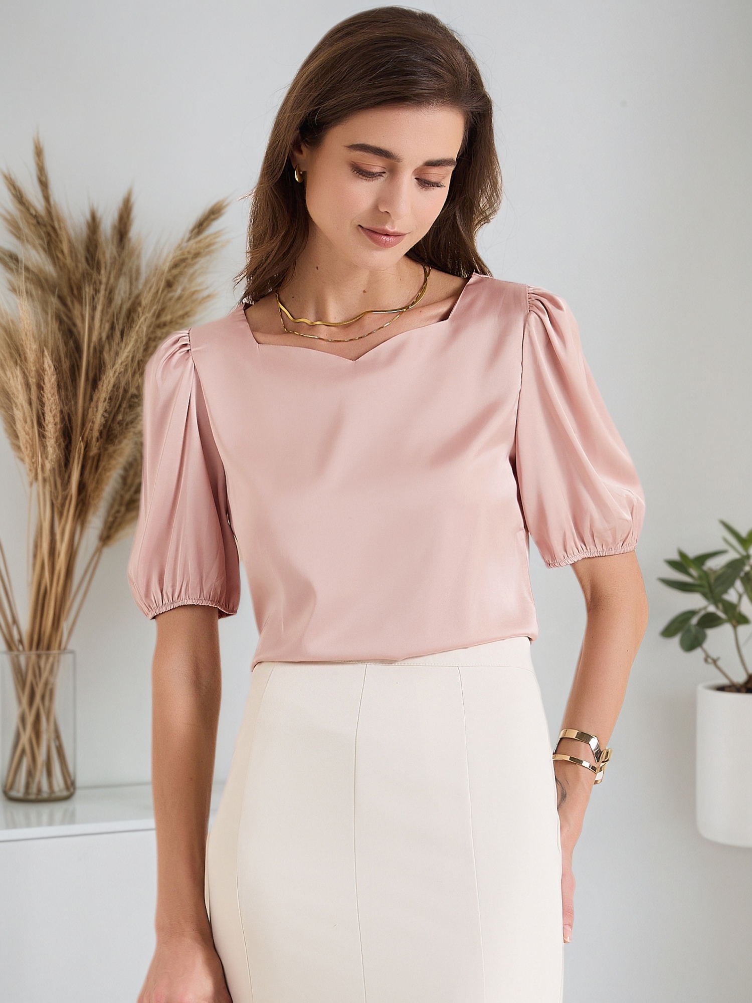 Sweetheart Neck Puff Short Sleeve Office Work Satin Blouse Pink/L