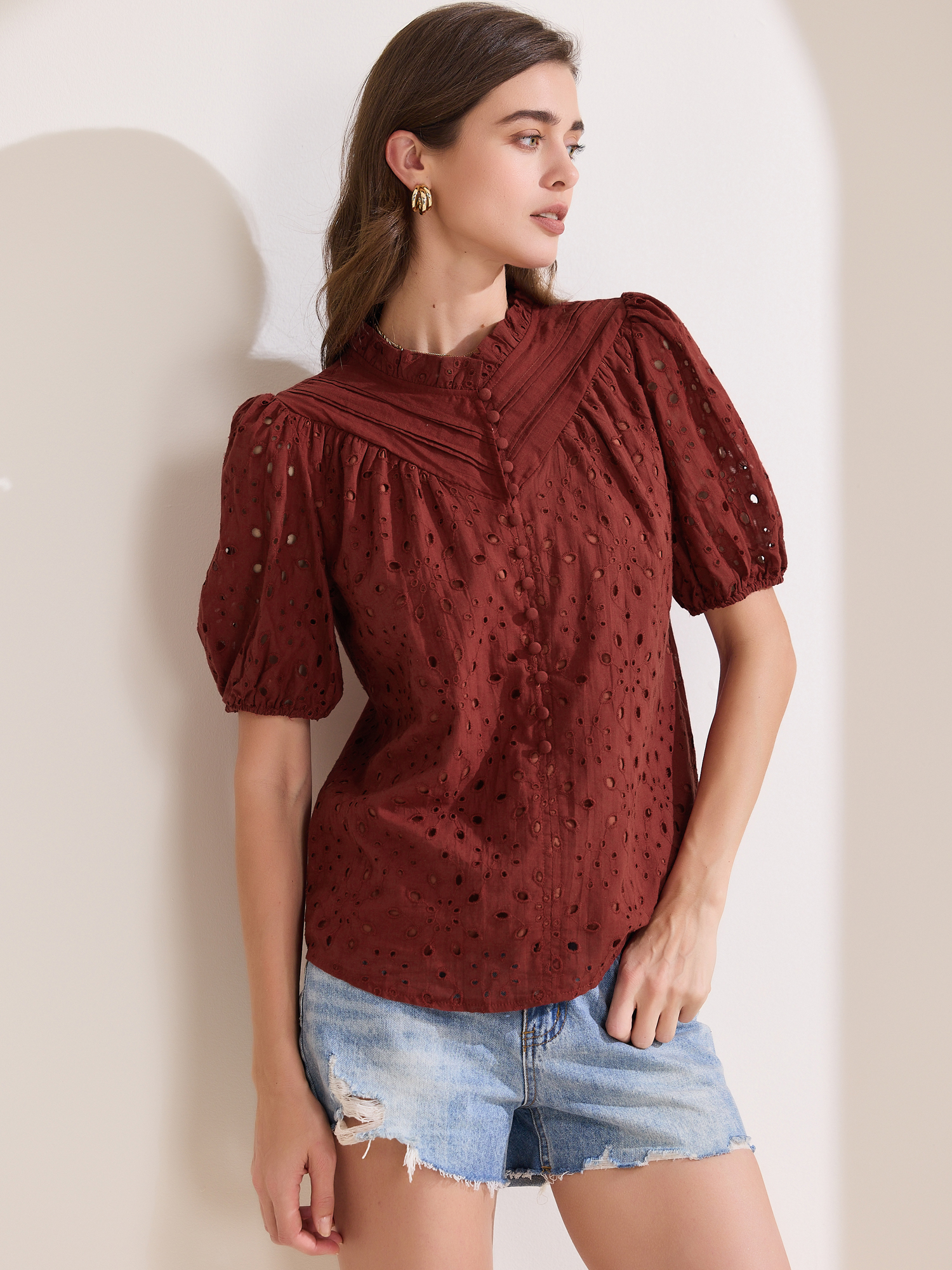 Ruffled Eyelet Puff Short Sleeves Casual Blouse Dark Red/XL