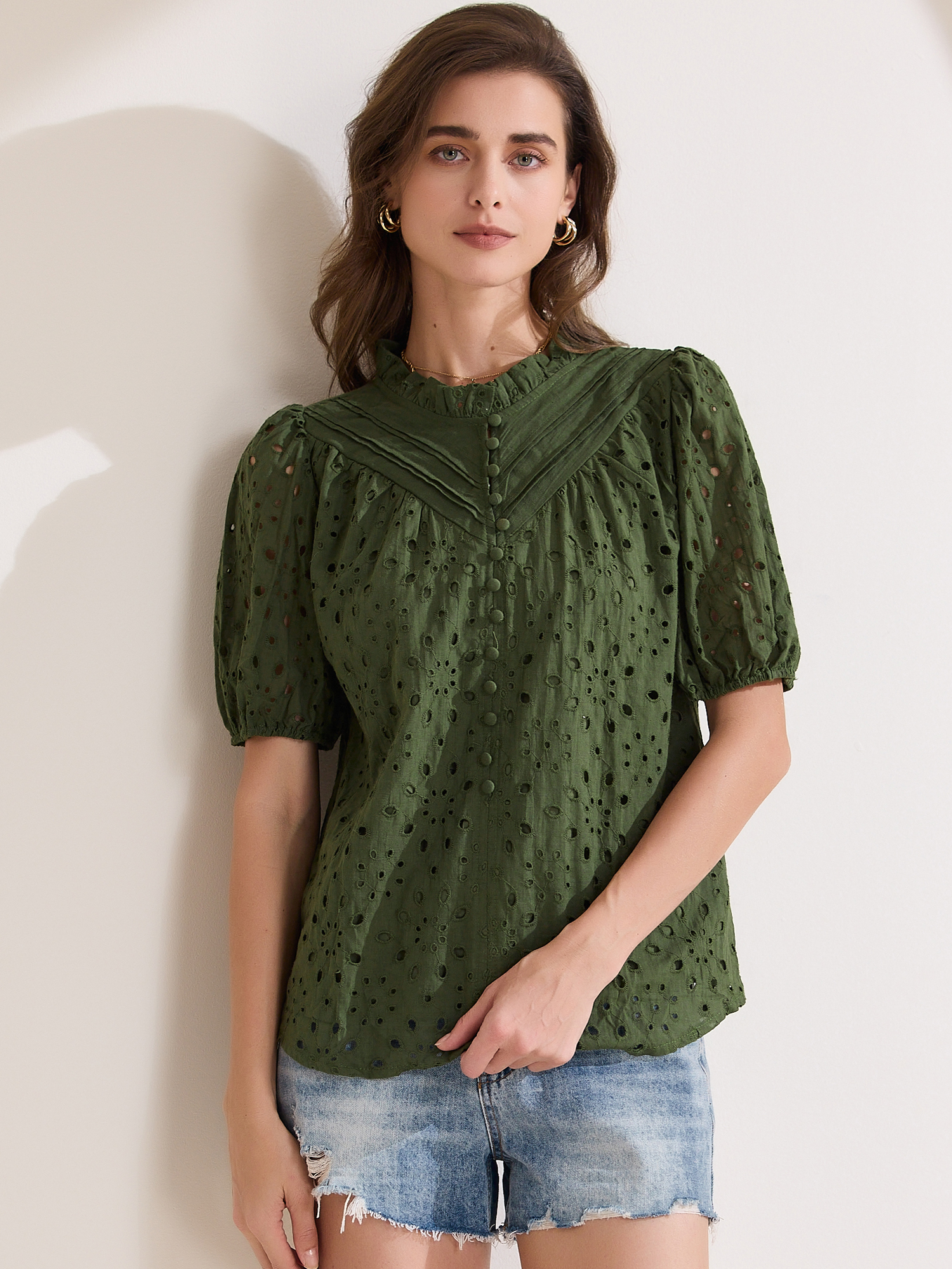 Ruffled Eyelet Puff Short Sleeves Casual Blouse Green/L