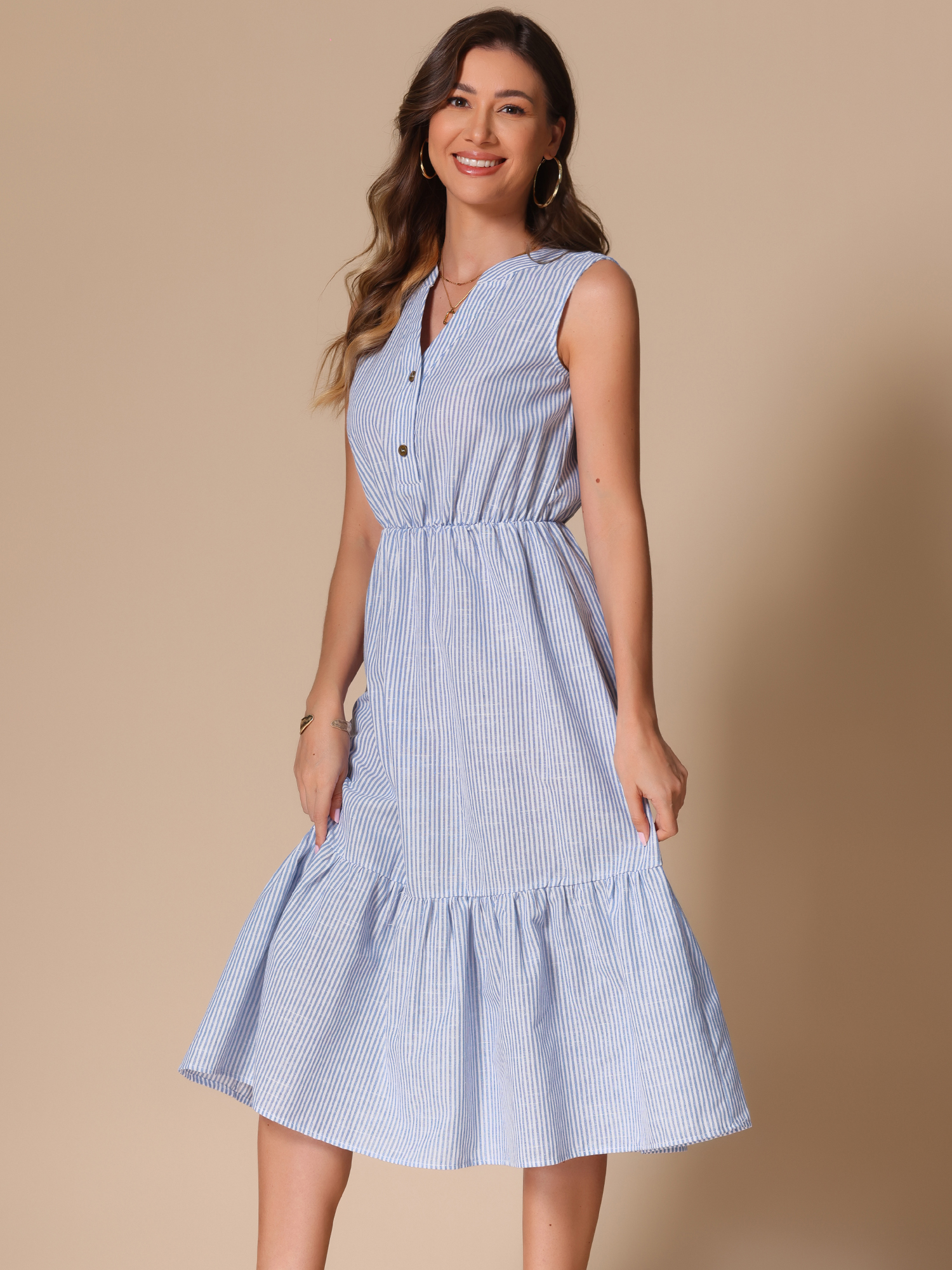 Striped Sleeveless Ruffle Midi A-Line Shirt Dress Blue/L