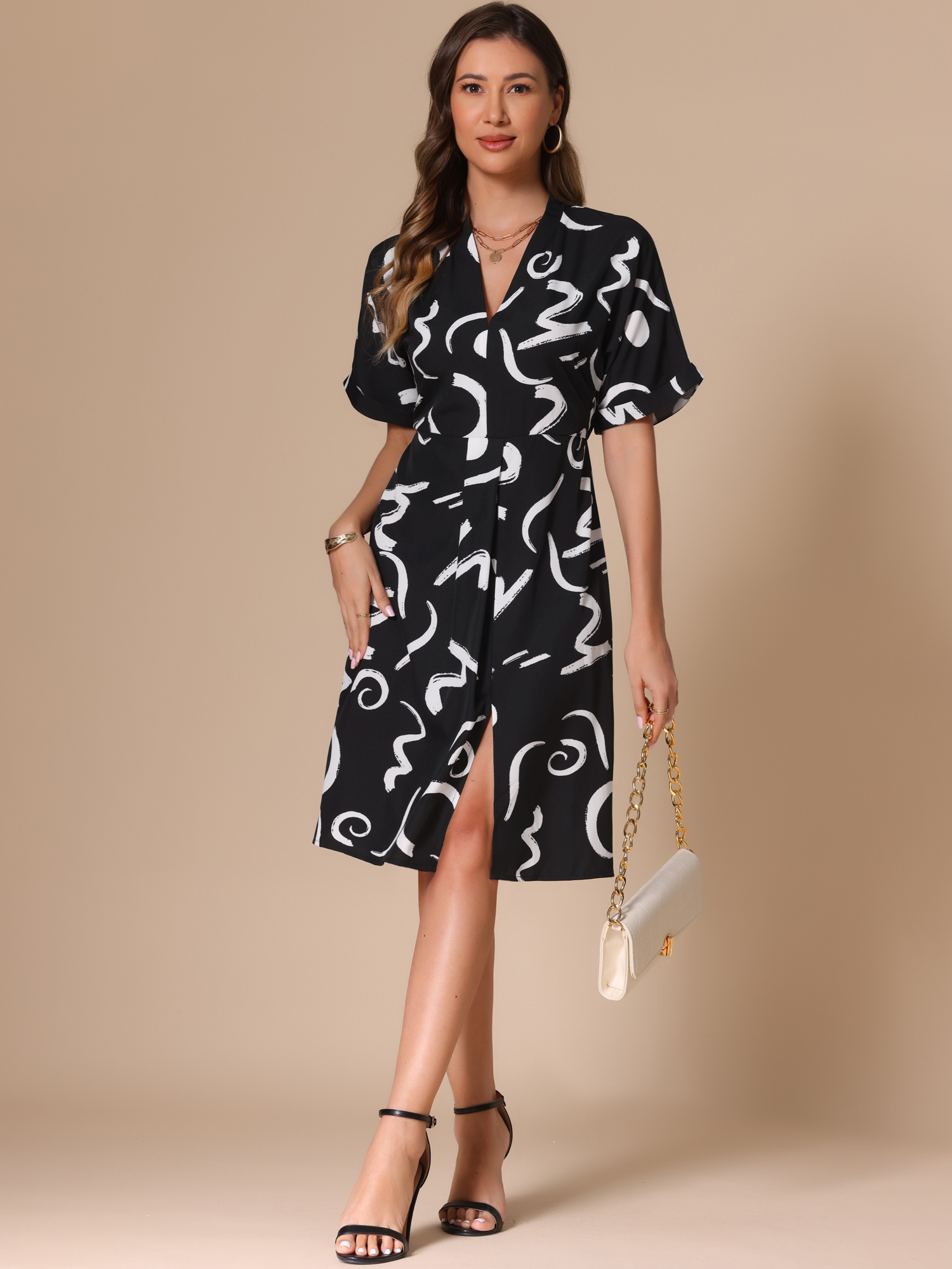 Short Sleeve V Neck High Waist Graphic Midi Slit Dress Black White/L
