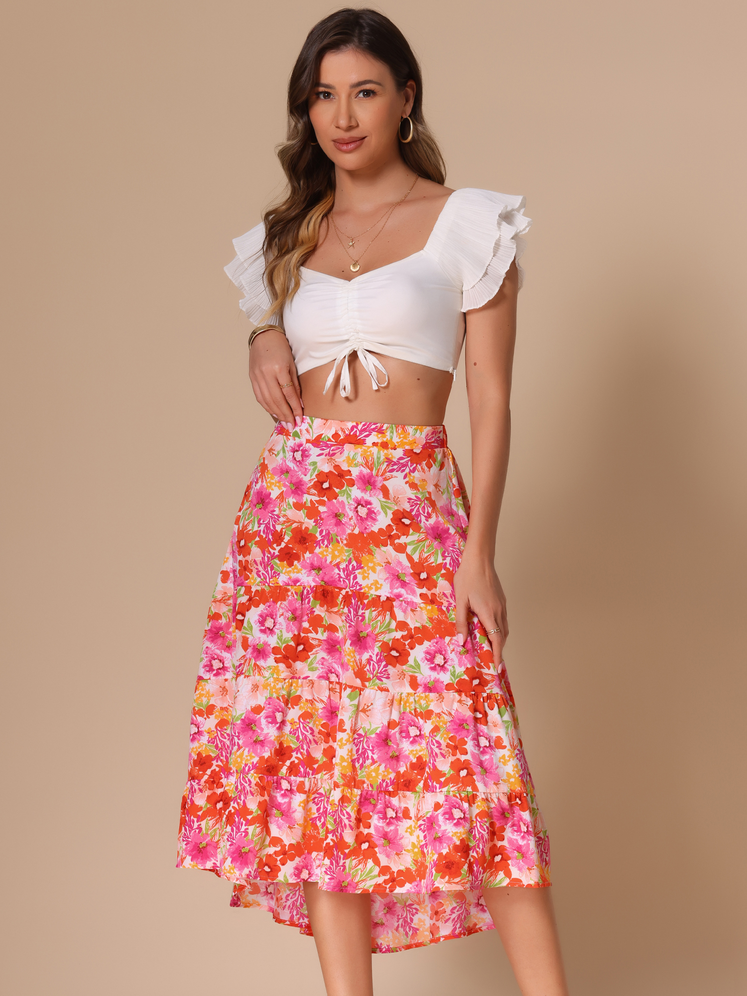 Floral Elastic Waist Irregular Hem Midi Skirt Pink/XS