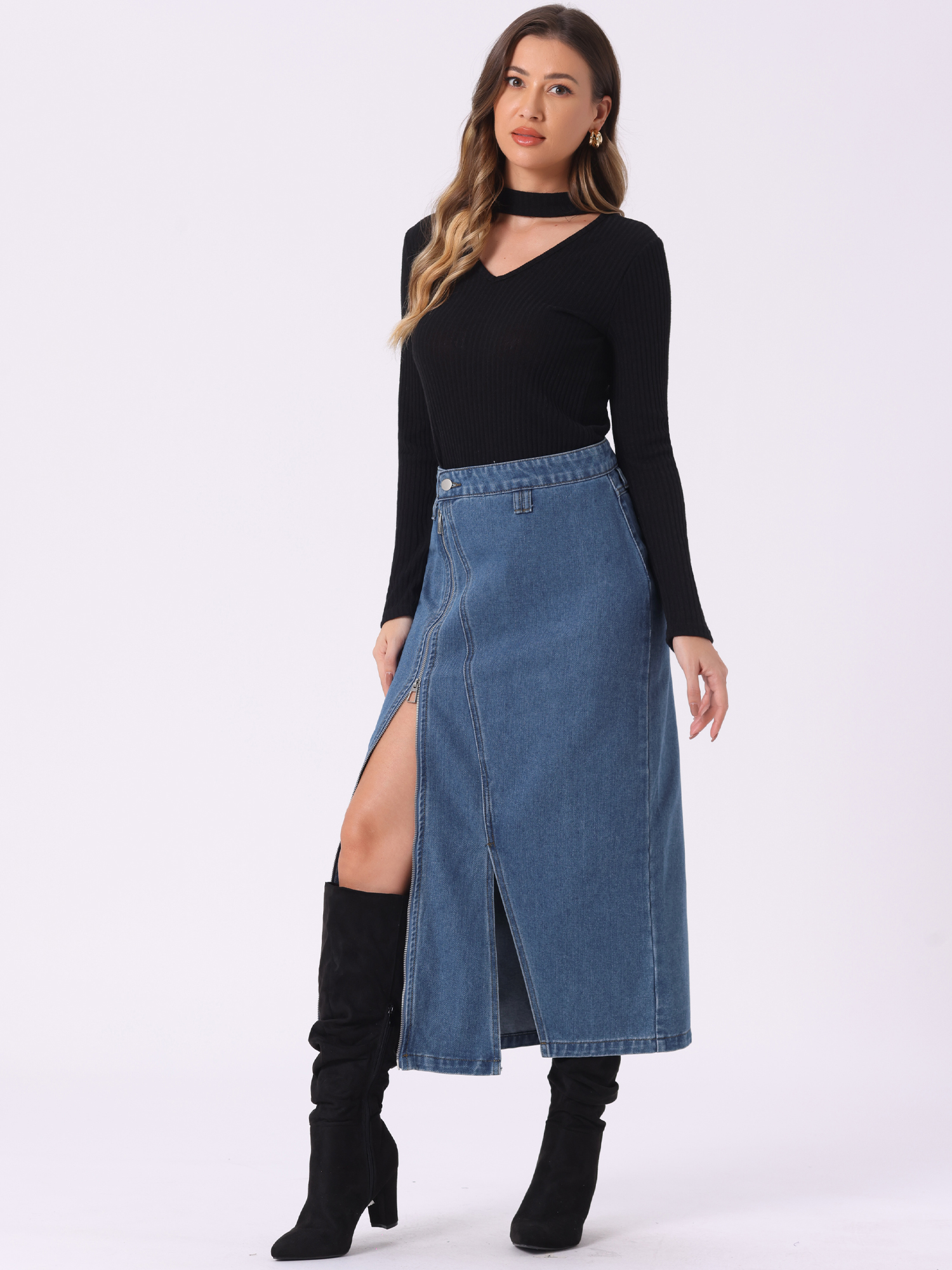 Pocketed Denim Zipper Front Split Maxi Jean Skirt Sky Blue/L