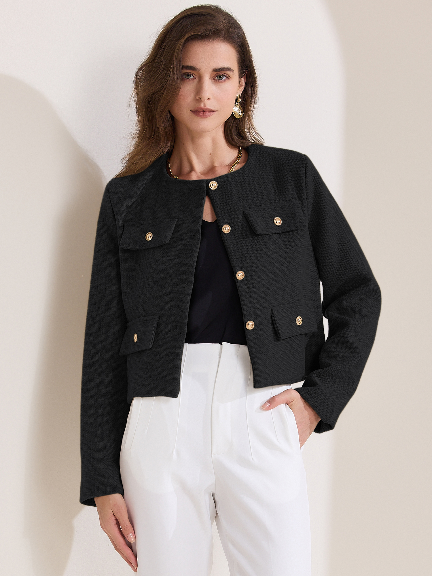 Round Neck Long Sleeve Button Down Cropped Tweed Jacket Black/XS