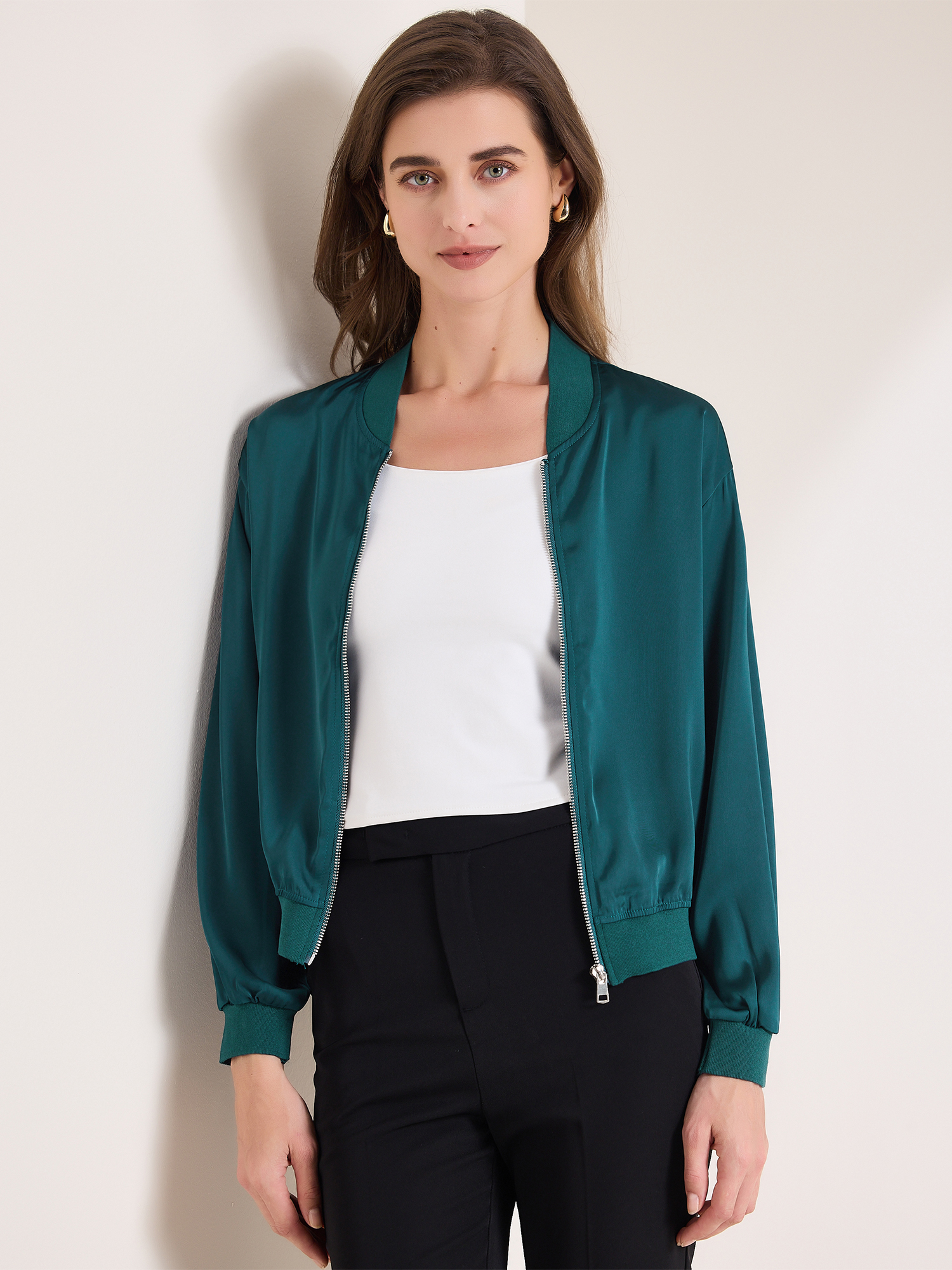 Zip Up Long Sleeve Lightweight Casual Bomber Jacket Blue Green/L