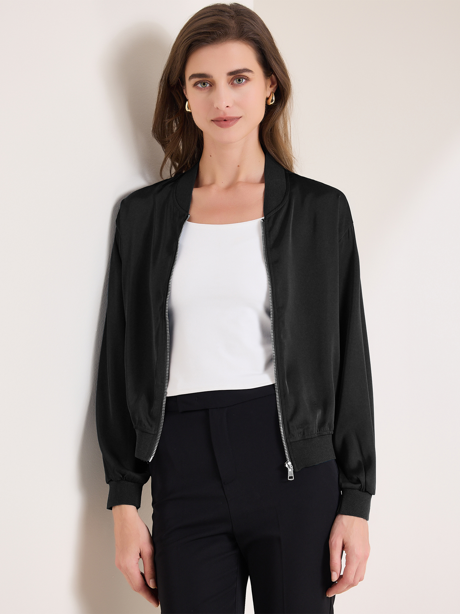 Zip Up Long Sleeve Lightweight Casual Bomber Jacket Black/XS