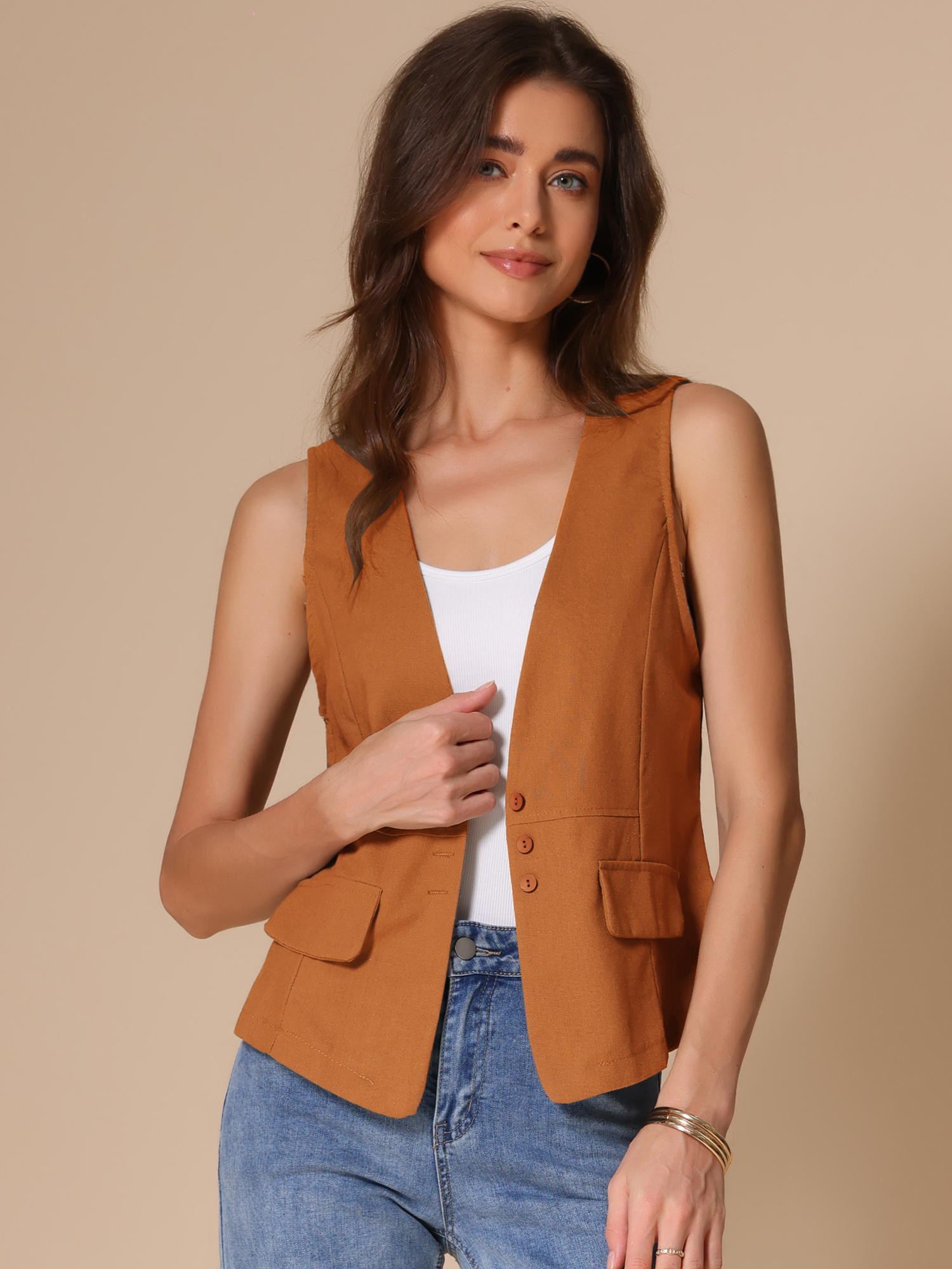 Sleeveless Lightweight Waistcoat Linen Vest Orange/L