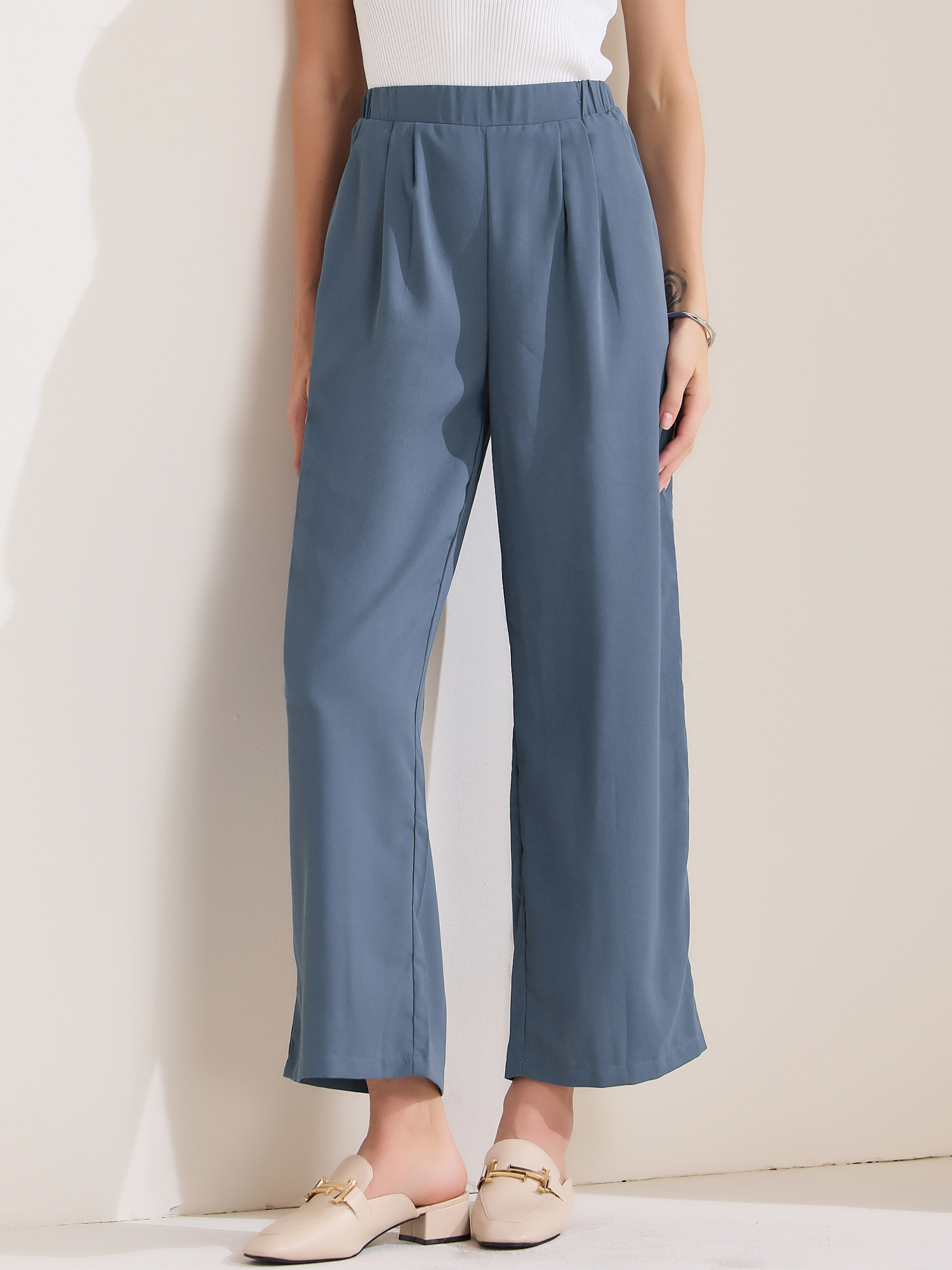 Dressy Casual Wide Leg Pocketed Business Work Suit Pants Blue/L