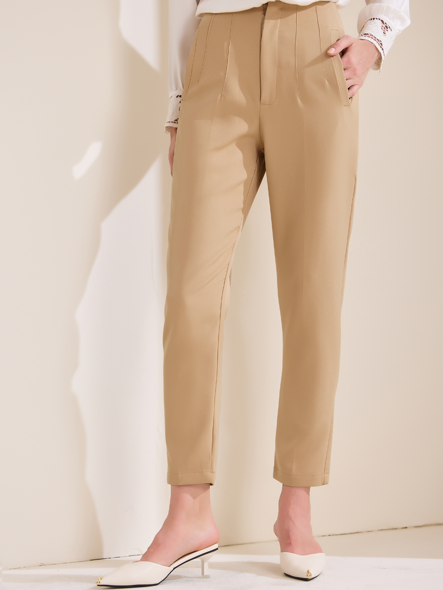 High Waisted Pockets Business Work Office Casual Pants Khaki/L