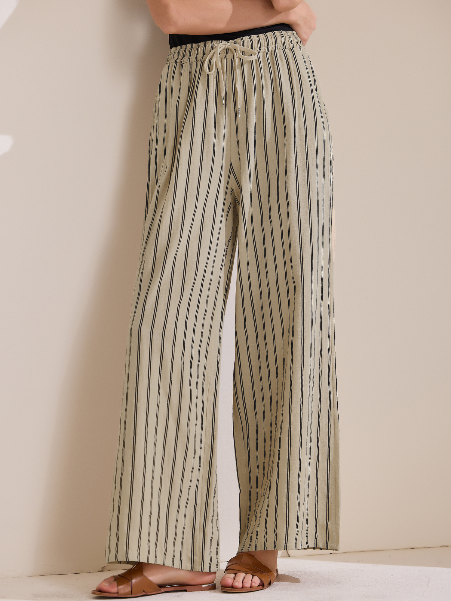 Casual Drawstring Striped Wide Leg High Waist Cotton Pants Camel/M