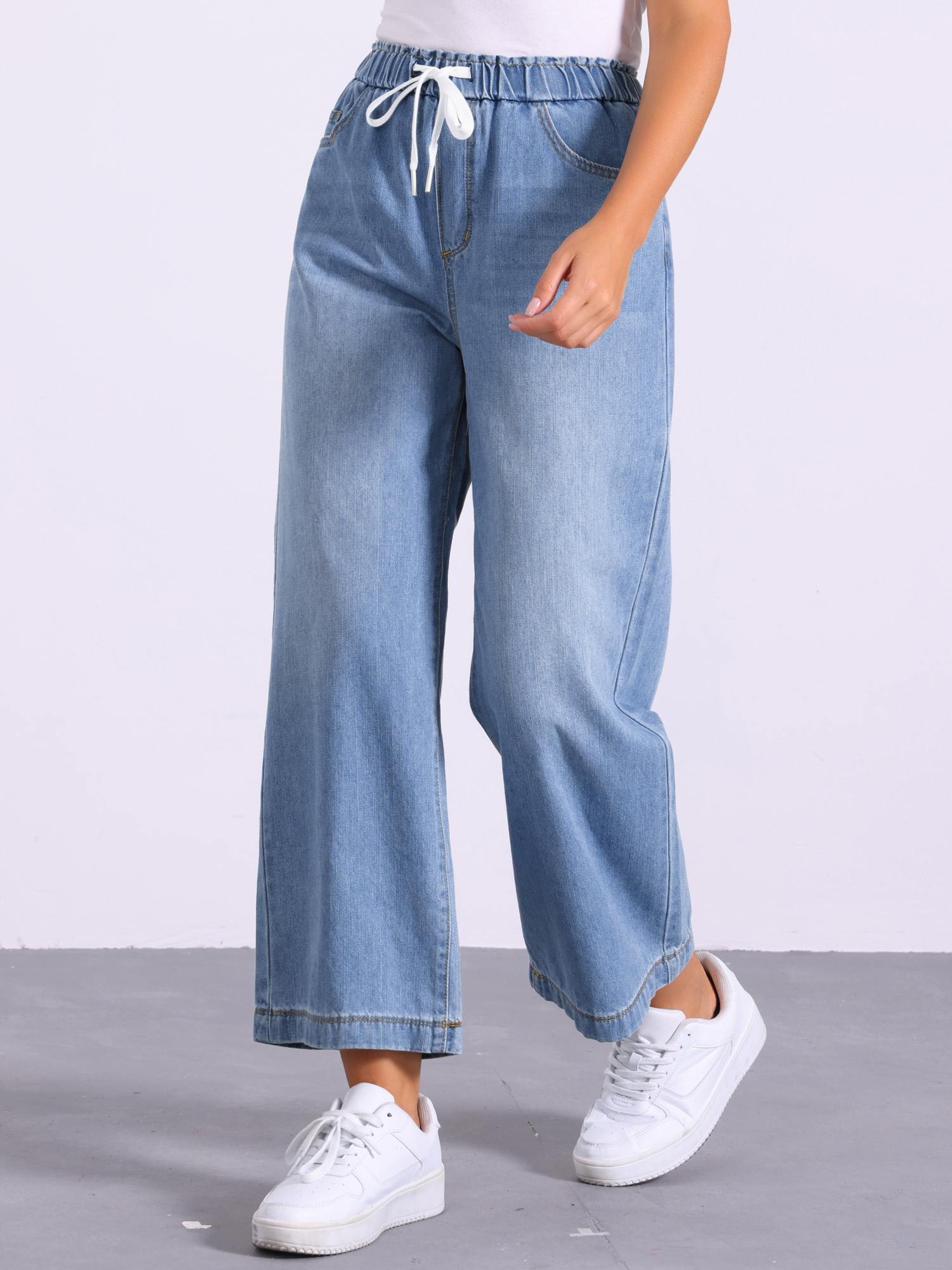 Casual Denim Pants Drawstring Elastic Waist Wide Legs Jeans Light Blue/M