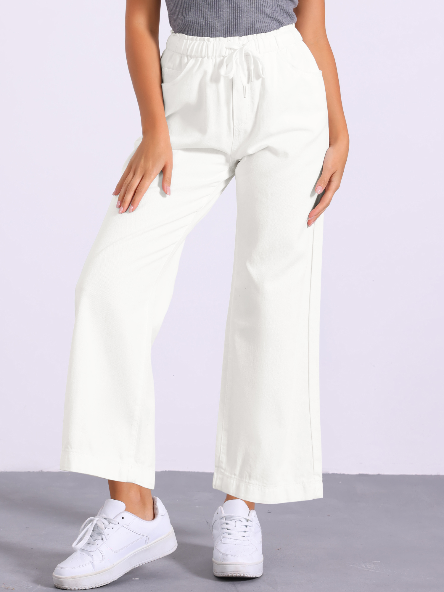 Casual Denim Pants Drawstring Elastic Waist Wide Legs Jeans White/XS