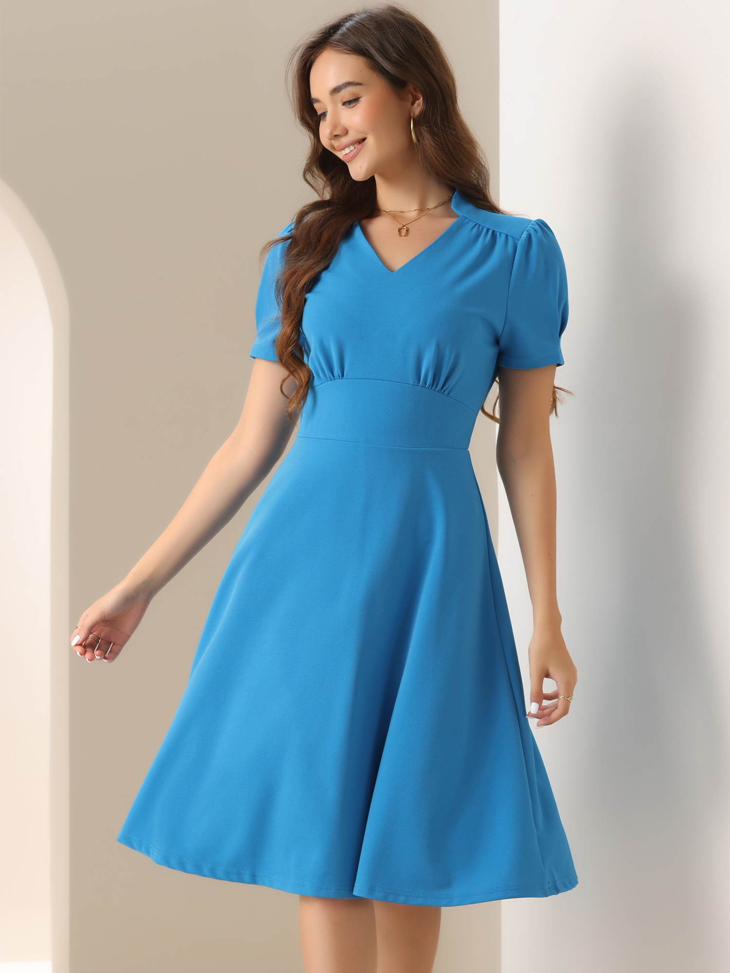 Puff Short Sleeve V Neck A-Line Midi Dress Lake Blue/XS