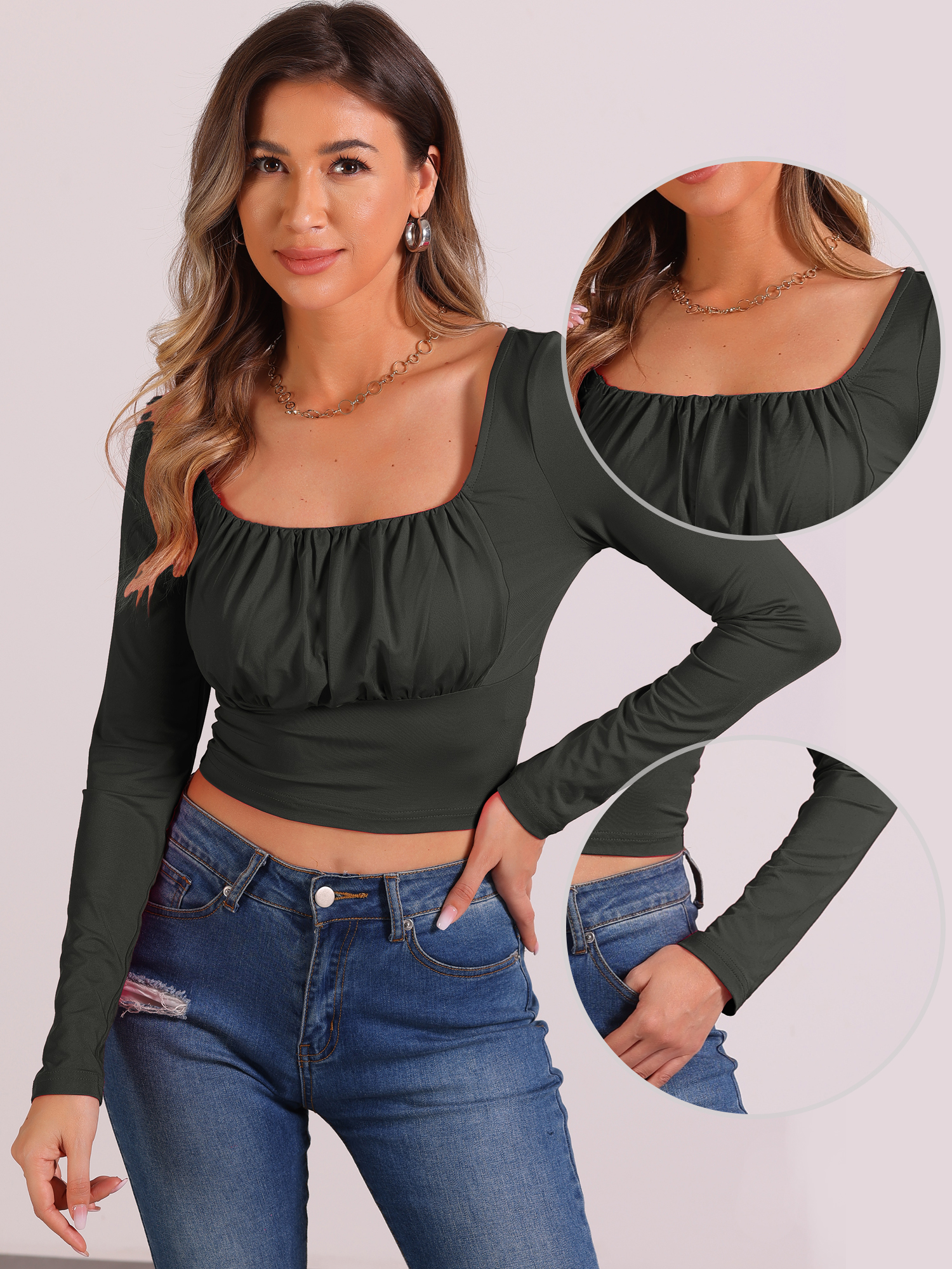 Ruched Long Sleeve Solid Fitted Cropped Blouse Black/XL