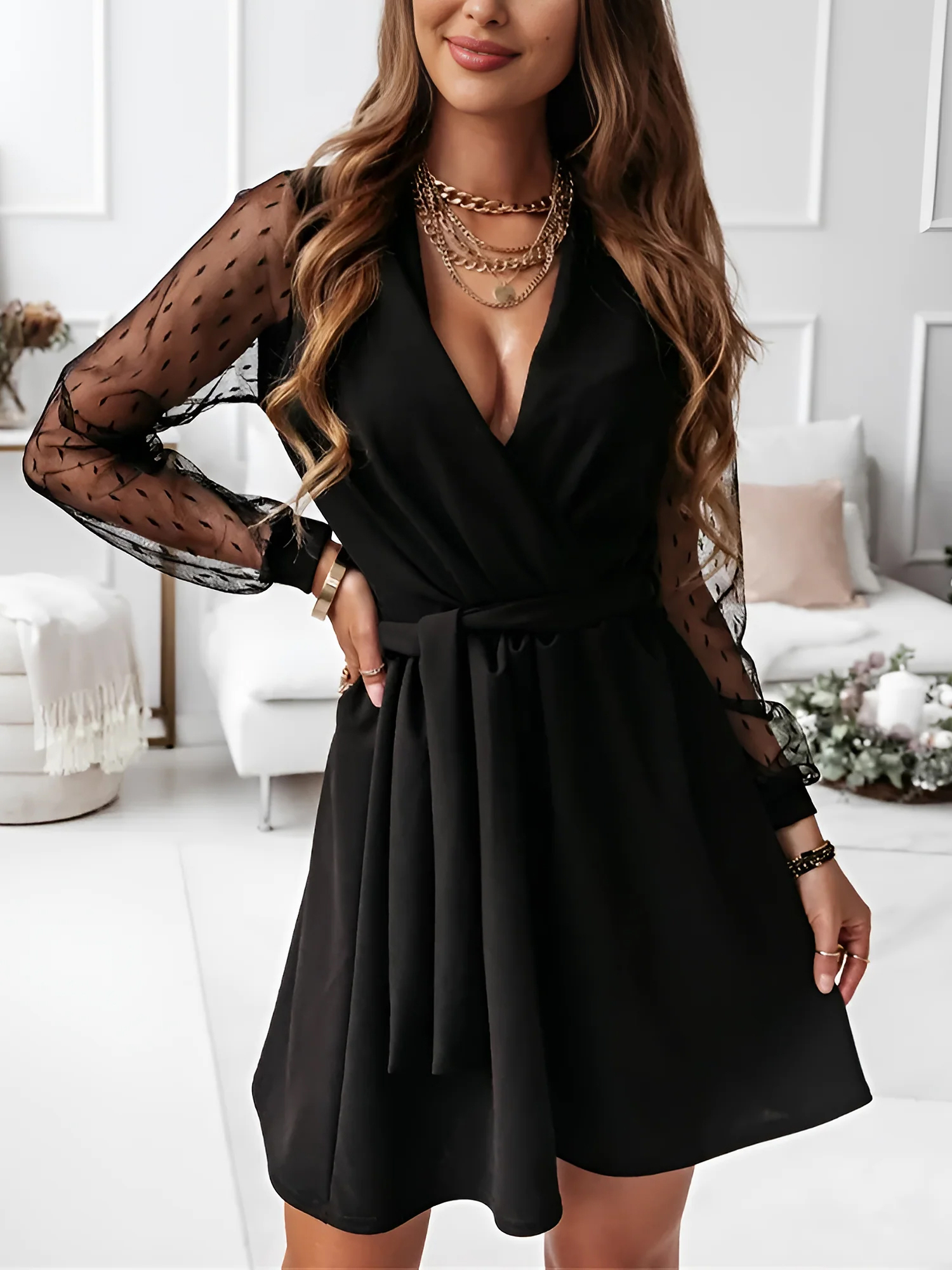 Lace Long Sleeves Patchwork A-Line Belted Mini Dress Black/M