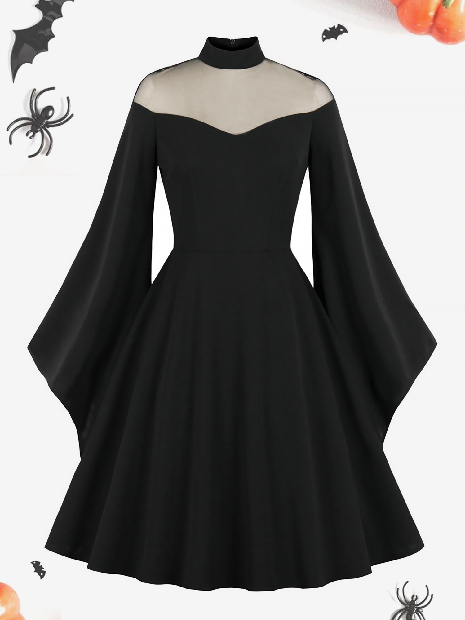 Halloween Mesh Illusion Neck Bell Sleeve Patchwork Midi Dress Black/L