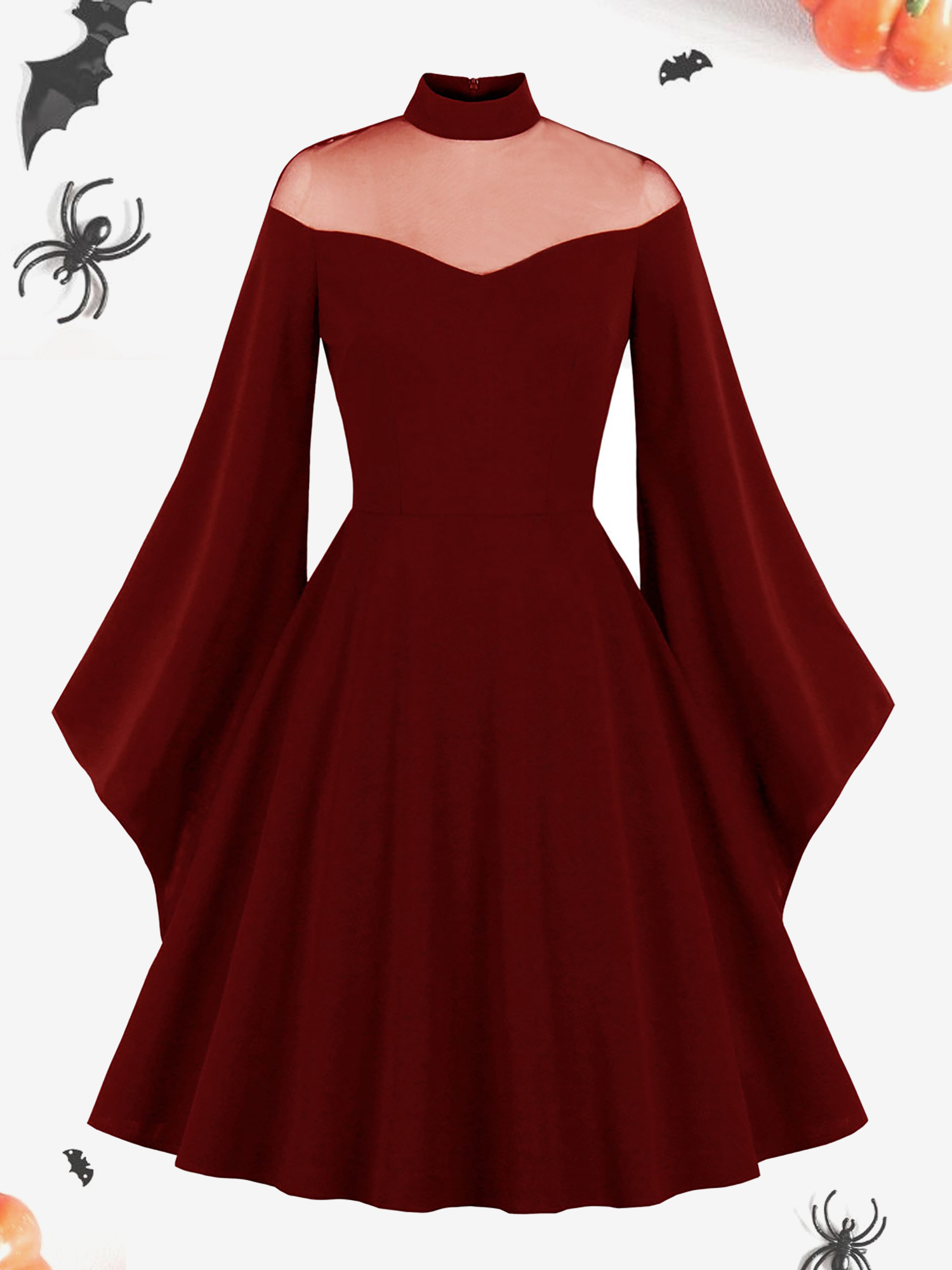 Halloween Mesh Illusion Neck Bell Sleeve Patchwork Midi Dress Burgundy/M