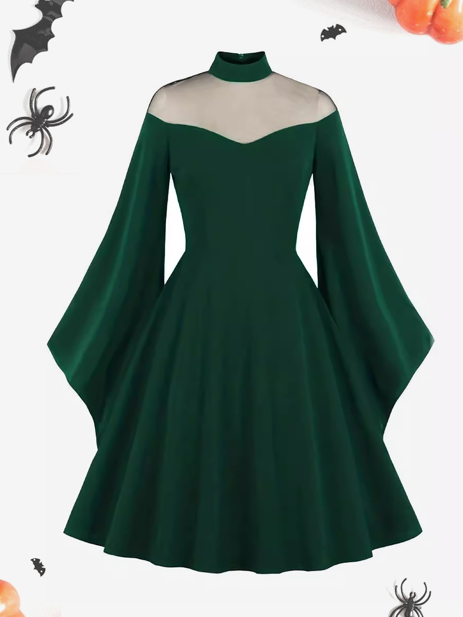 Halloween Mesh Illusion Neck Bell Sleeve Patchwork Midi Dress Dark Green/XL