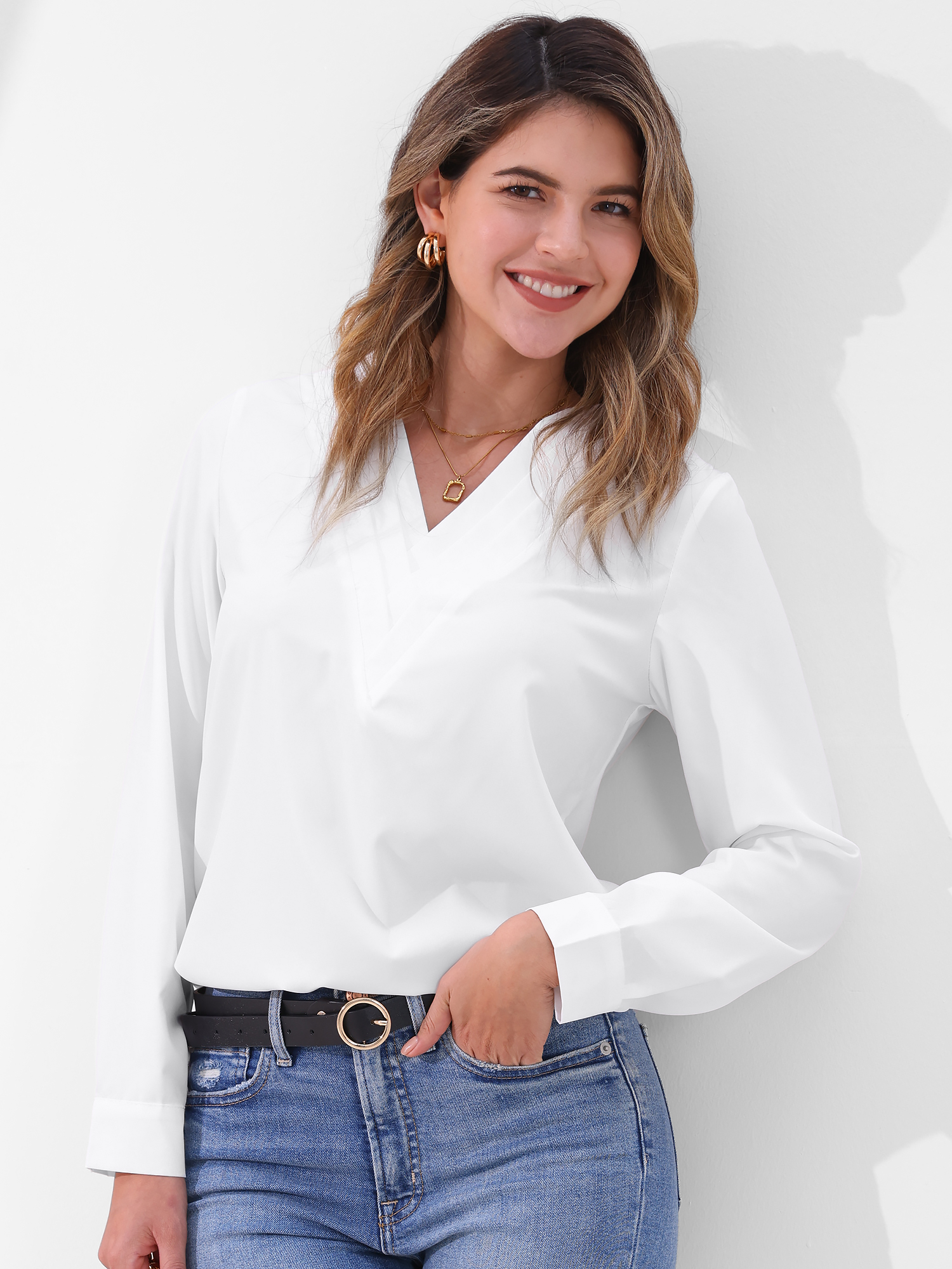 Solid Color Double Layer Breathable V Neck Long Sleeve Casual Business Work Blouse White/XL