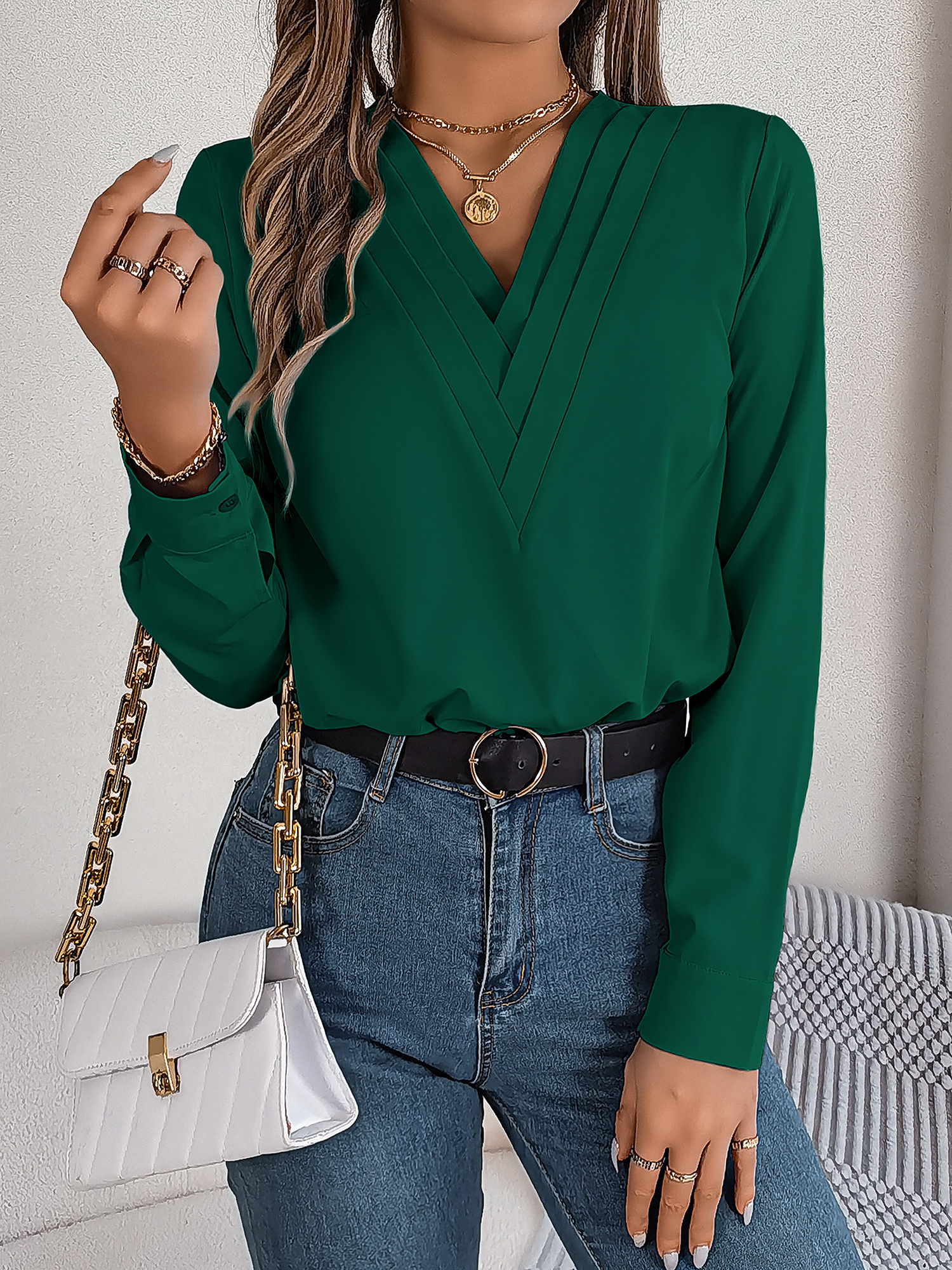Solid Color Double Layer Breathable V Neck Long Sleeve Casual Business Work Blouse Dark Green/S